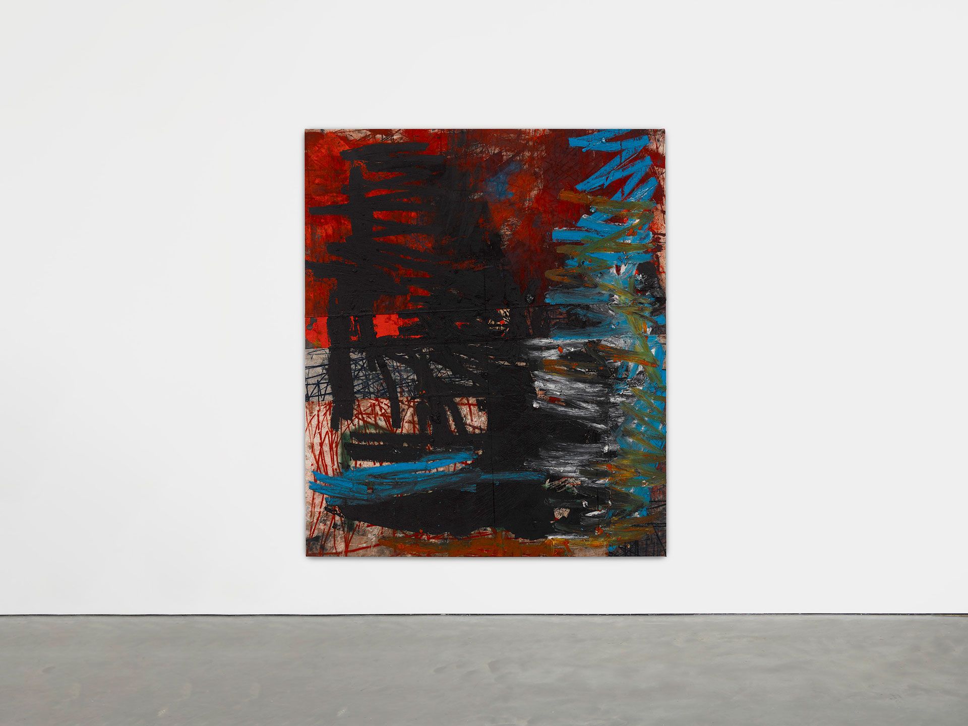 An installation view of a painting by Oscar Murillo titled manifestation, dated 2019-2020.