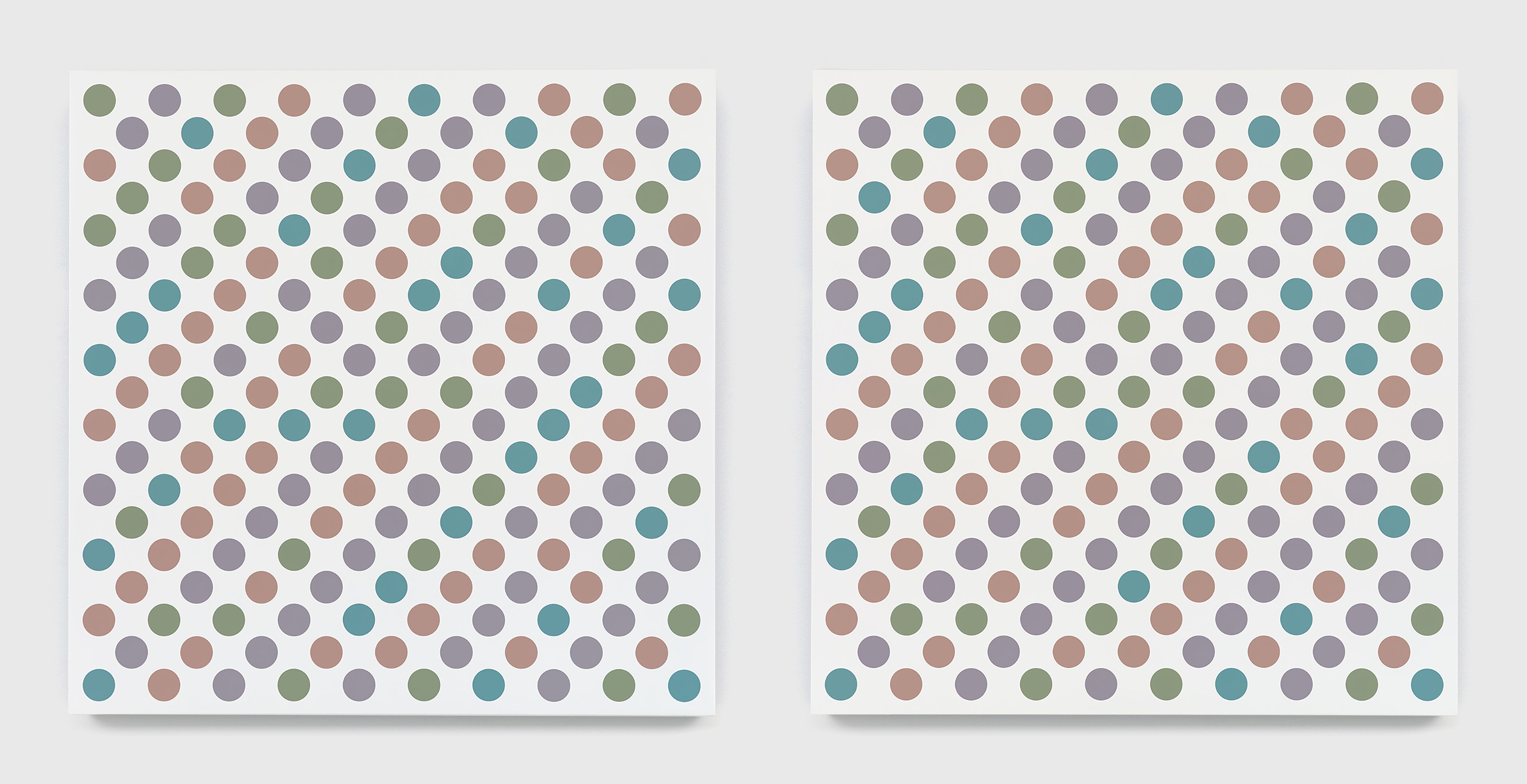 Two paintings by Bridget Riley, titled Measure for Measure 51 and 46, dated 2020.