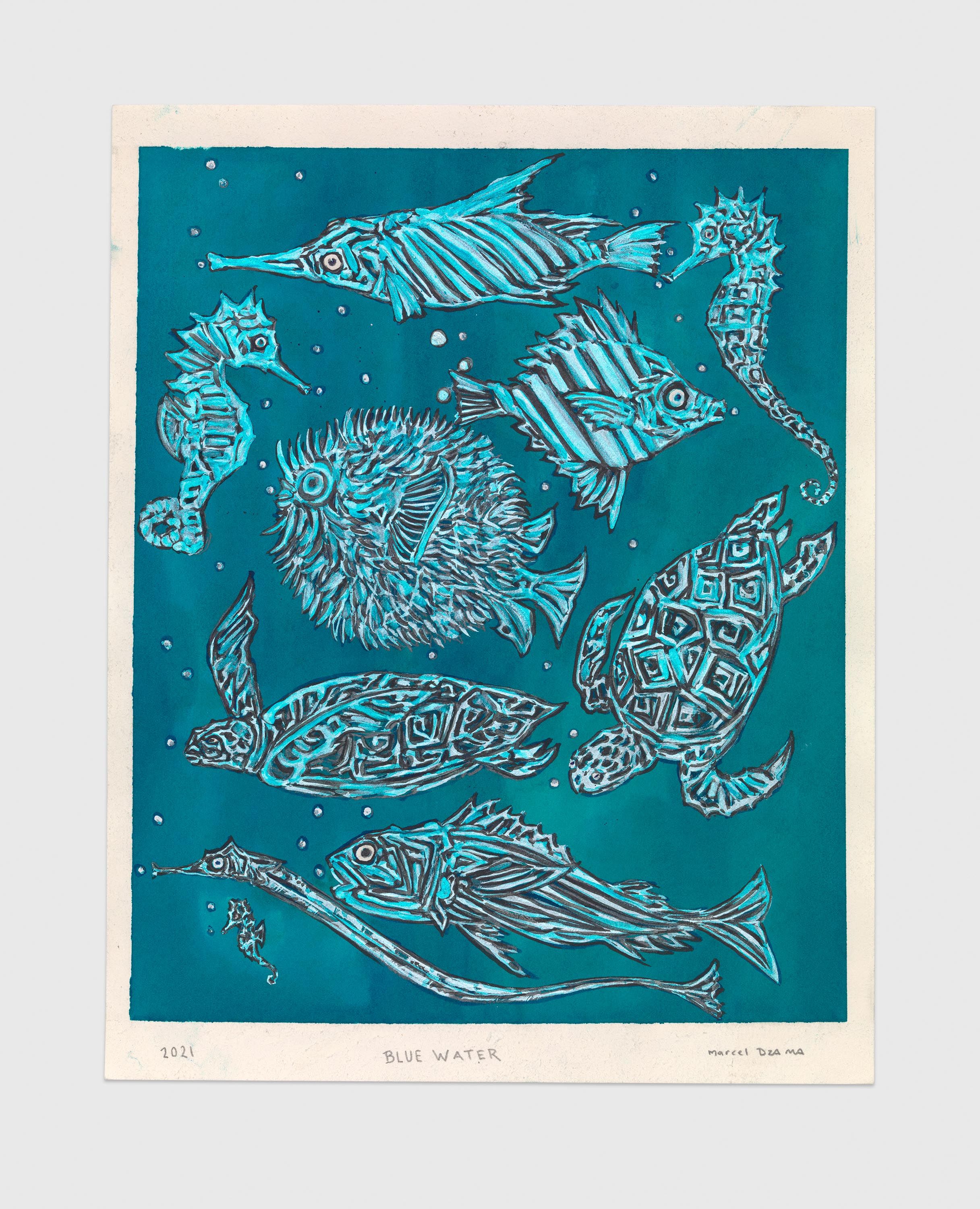 A mixed media artwork by Marcel Dzama, titled Blue water, dated 2021.