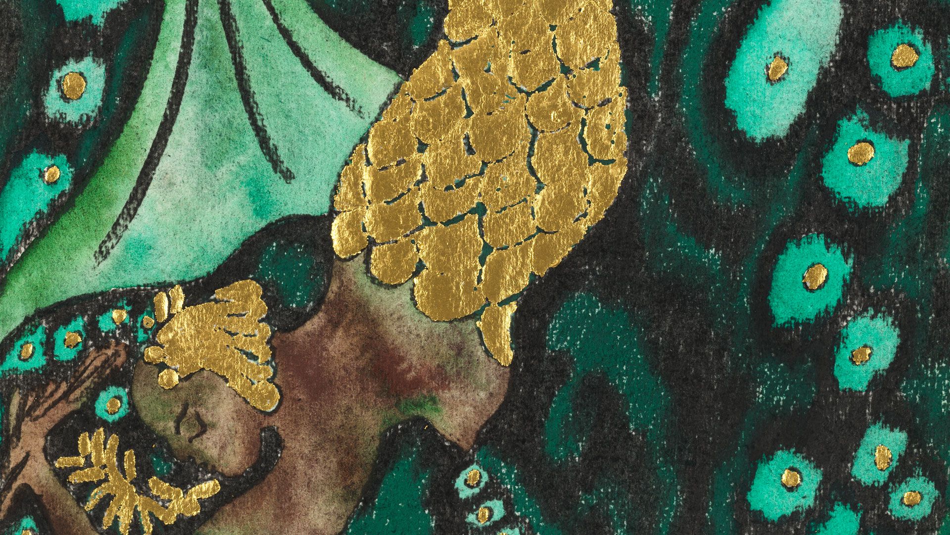 A detail from a work on paper by Chris Ofili, titled Nymph Dive (Turquoise), dated 2019