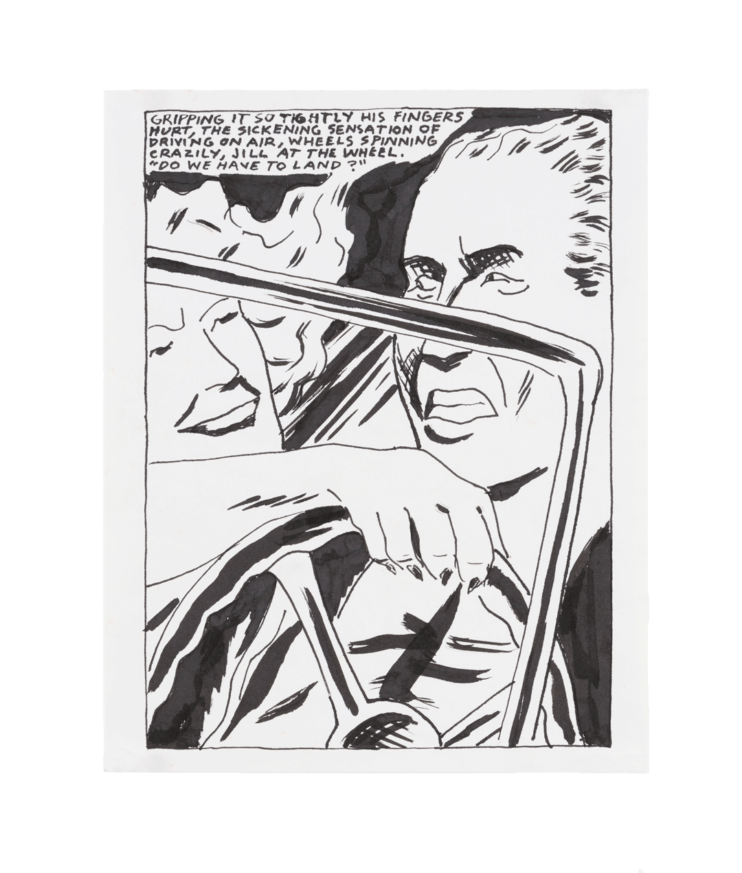A drawing by Raymond Pettibon titled No Title (Gripping it so...), dated 1985.