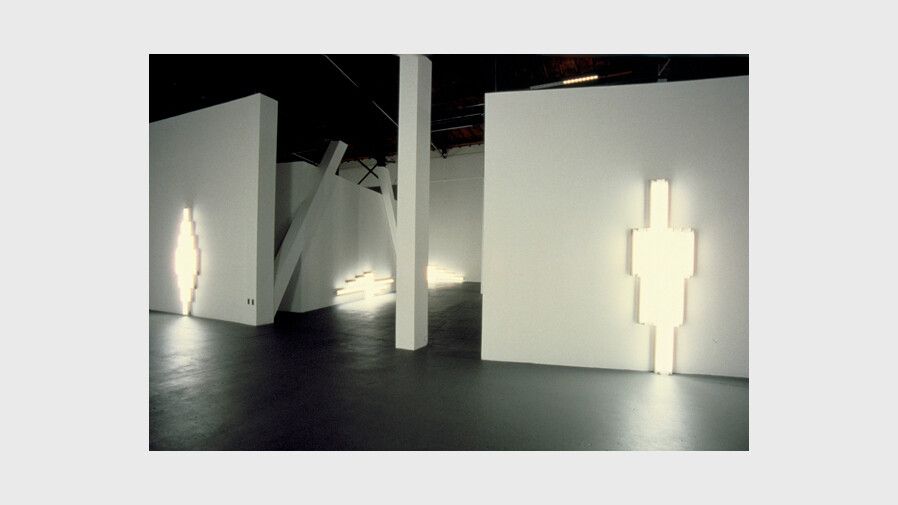 An Installation view, "monuments" for V. Tatlin by Dan Flavin, Museum of Contemporary Art, Los Angeles, dated 1984