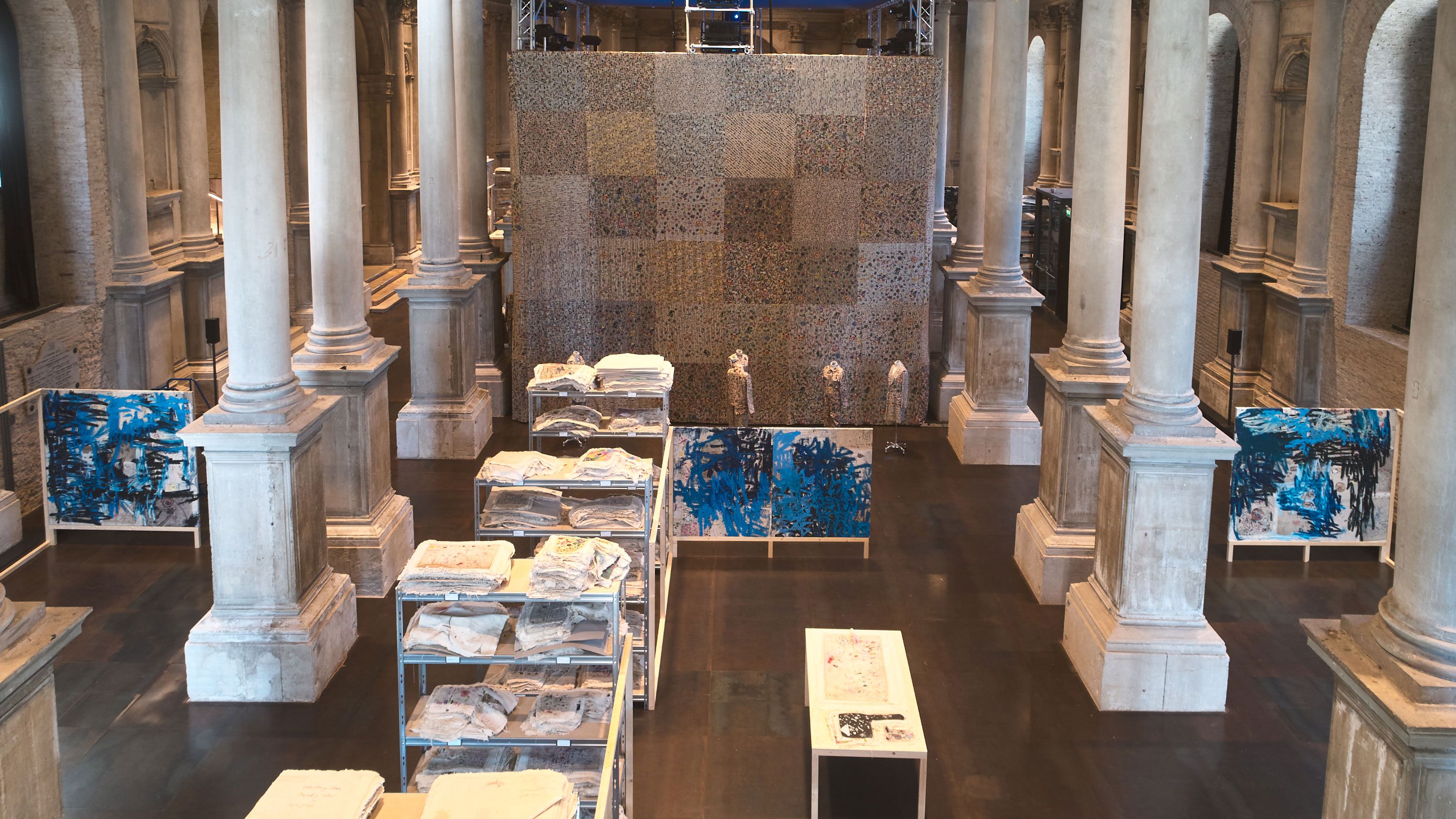 Installation view, Oscar Murillo: A Storm Is Blowing From Paradise, Scuola Grande della Misericordia, Venice, 2022