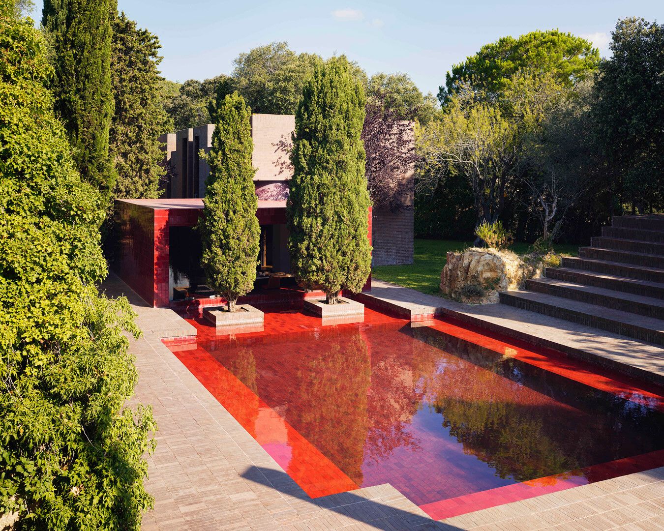 An aerial view of the pool at Ricardo Bofili's family house, designed by Ricardo Bofili, in Montras, Girona, Spain.
