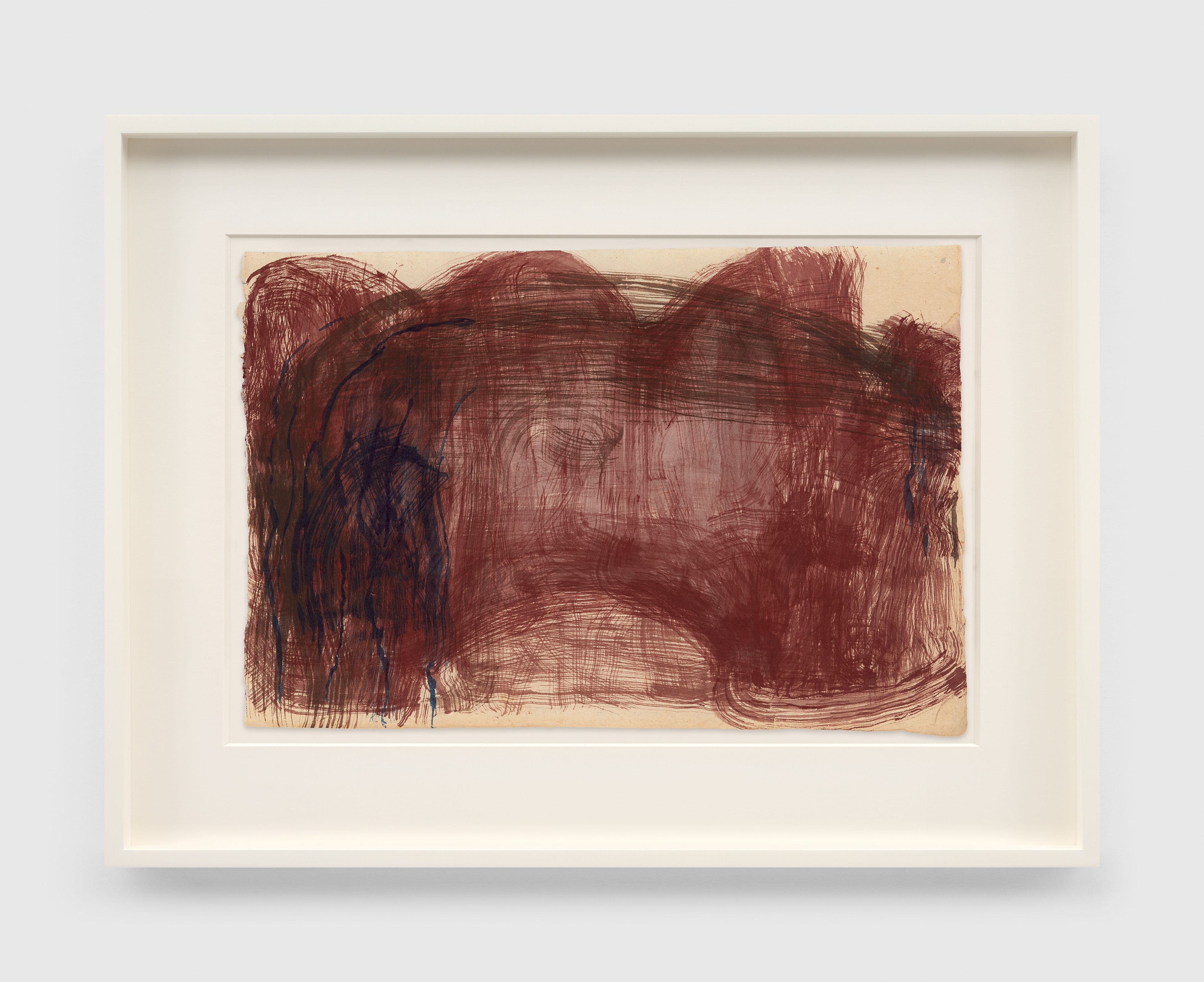 A work on paper by Suzan Frecon, titled red brushwood (cathedral) essai on old Japanese paper, dated 2024.