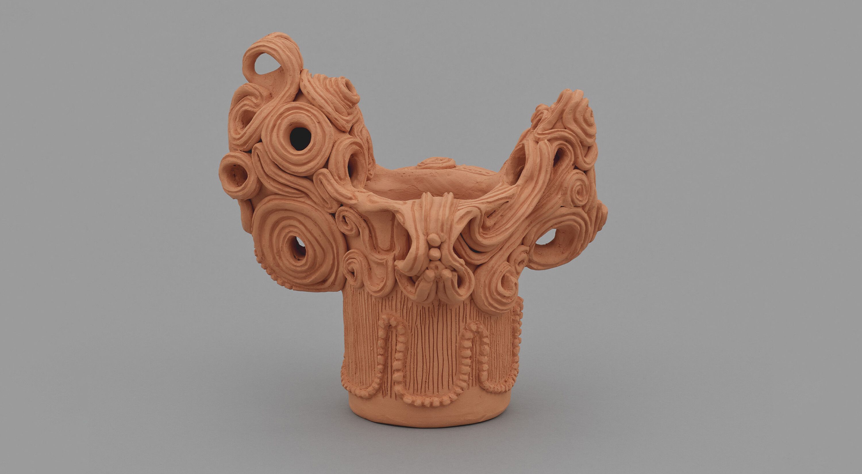 A clay sculpture by Shio Kusaka, titled (Jomon study 8), dated 2021.