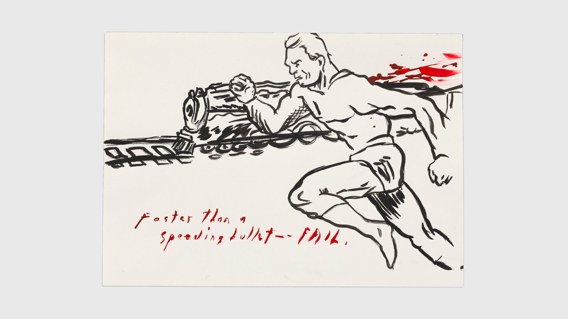 An ink and colored pencil drawing on paper by Raymond Pettibon, titled No Title (Faster than a...), dated 2020.