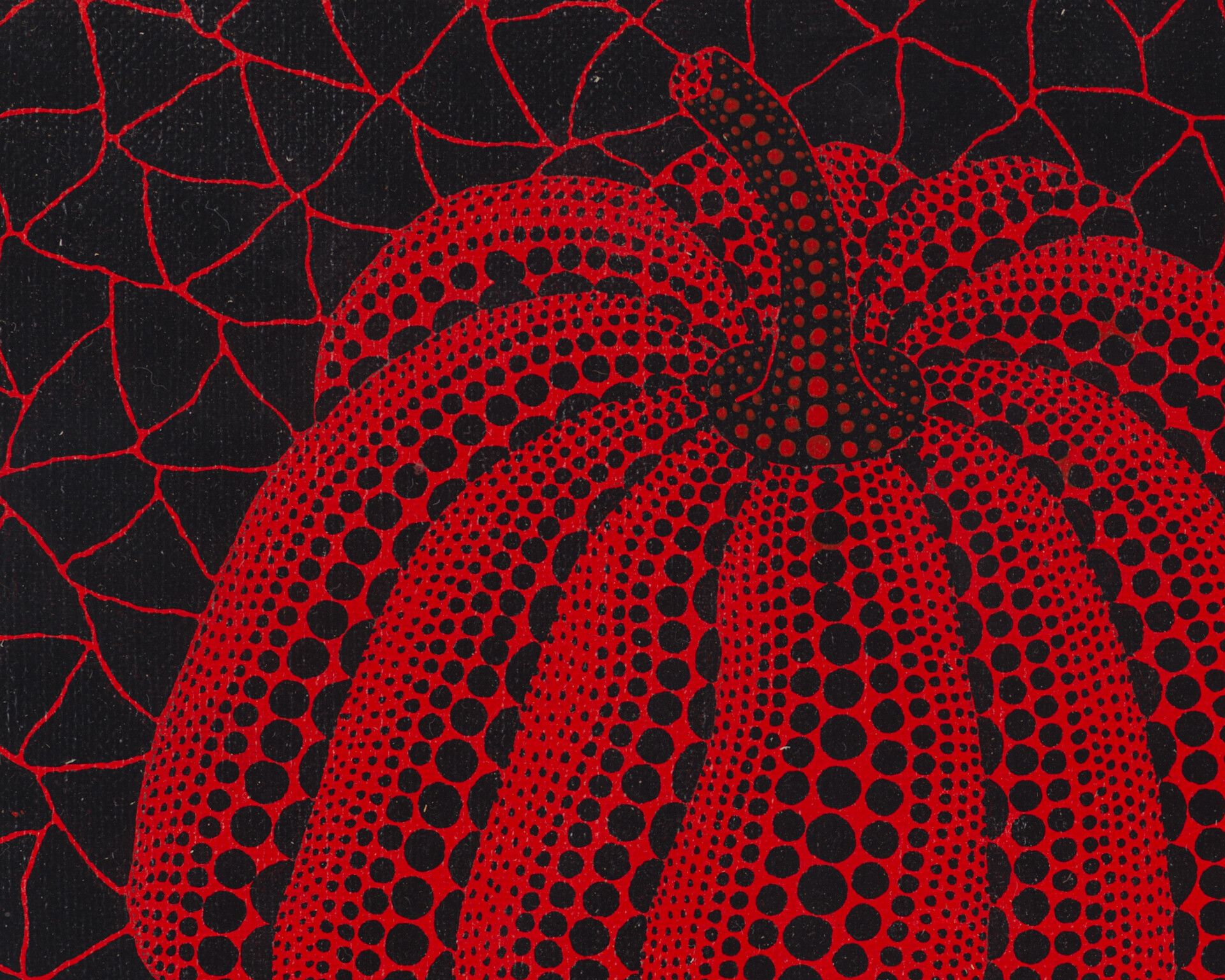 A detail from a painting by Yayoi Kusama, titled Red Pumpkin, dated 1996 