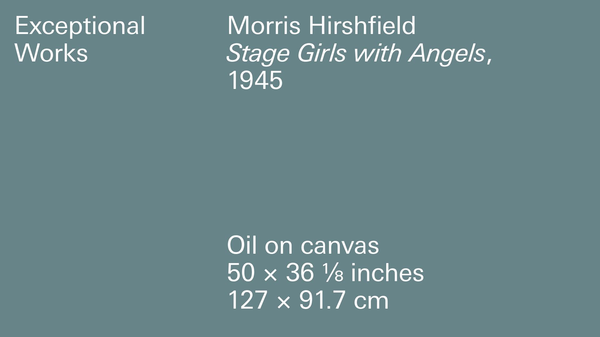 A title card for an artwork by Morris Hirshfield titled Stage Girls with Angels, dated 1945 Oil on canvas x 36 1/8 inches 127 x 91.7 cm