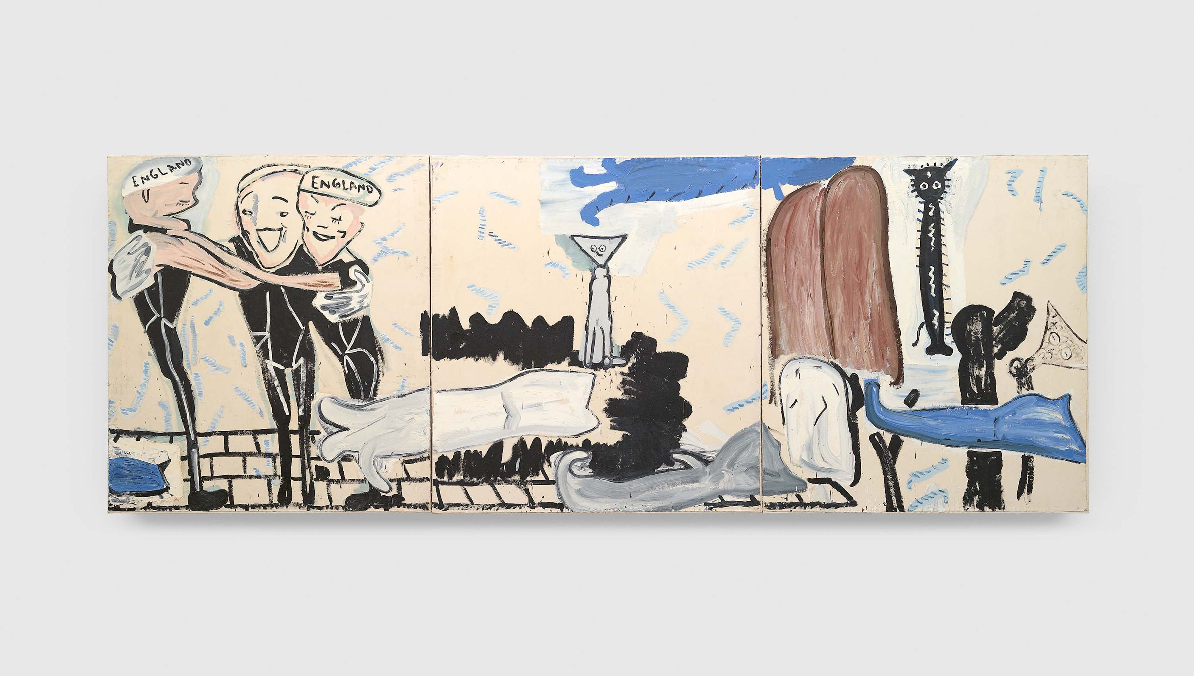 A painting by Rose Wylie, titled Swimming with Cats (Blue Twink), dated 2002.