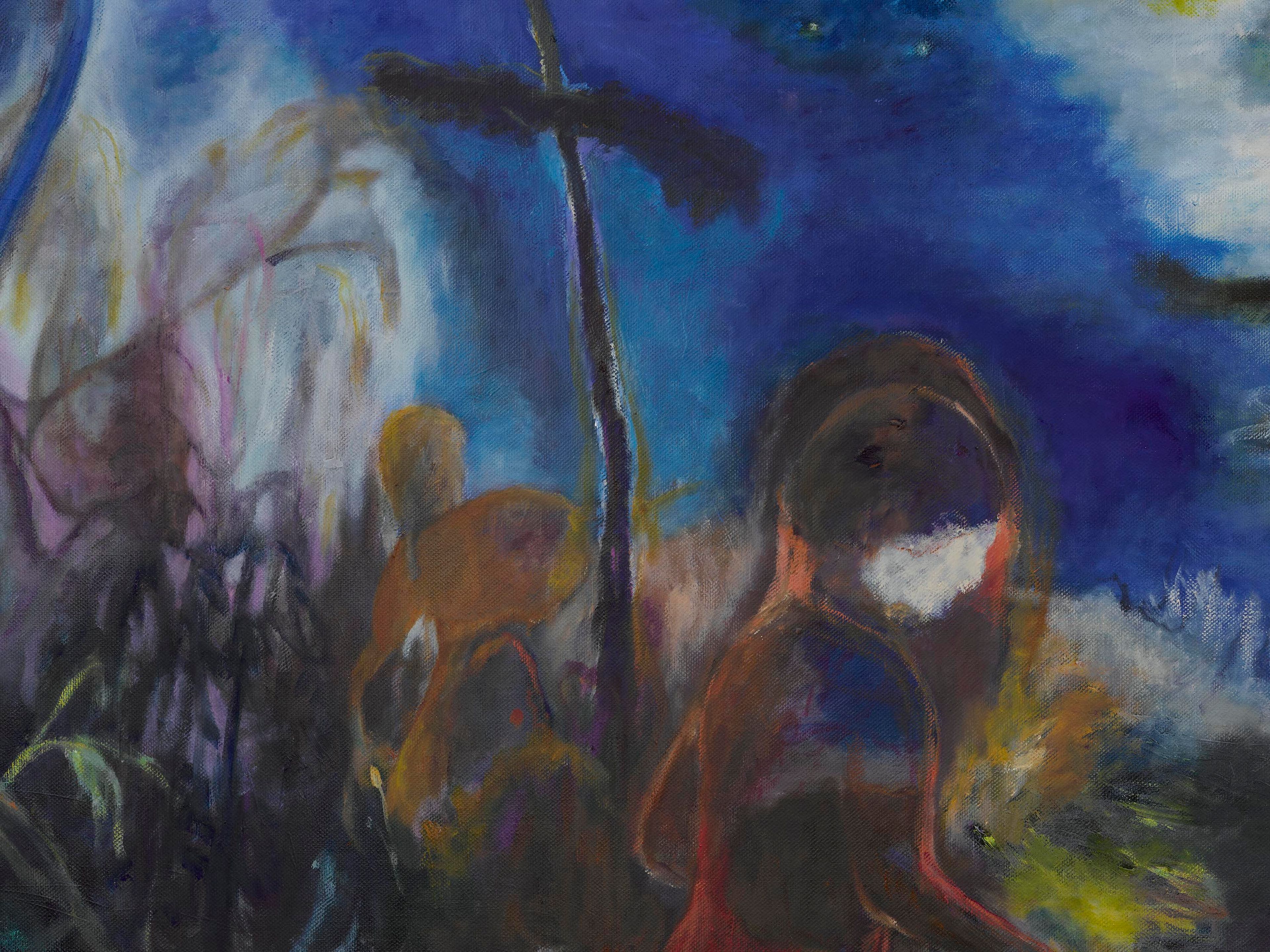 A detail from a painting by Sosa Joseph, titled Devil’s hour, by the river, dated 2025.