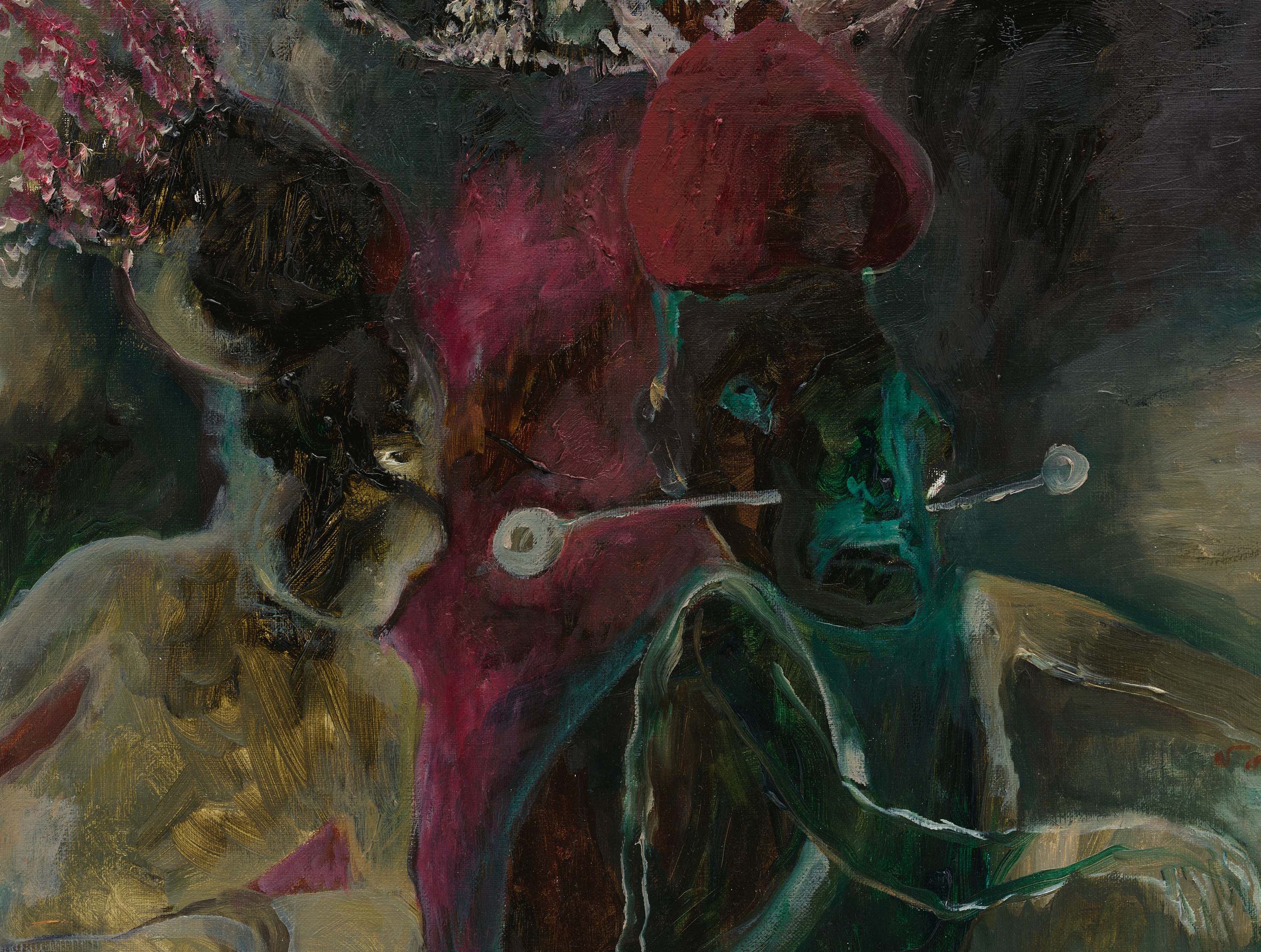 A detail from a painting by Sosa Joseph, titled Kavadi in monsoon, dated 2025.