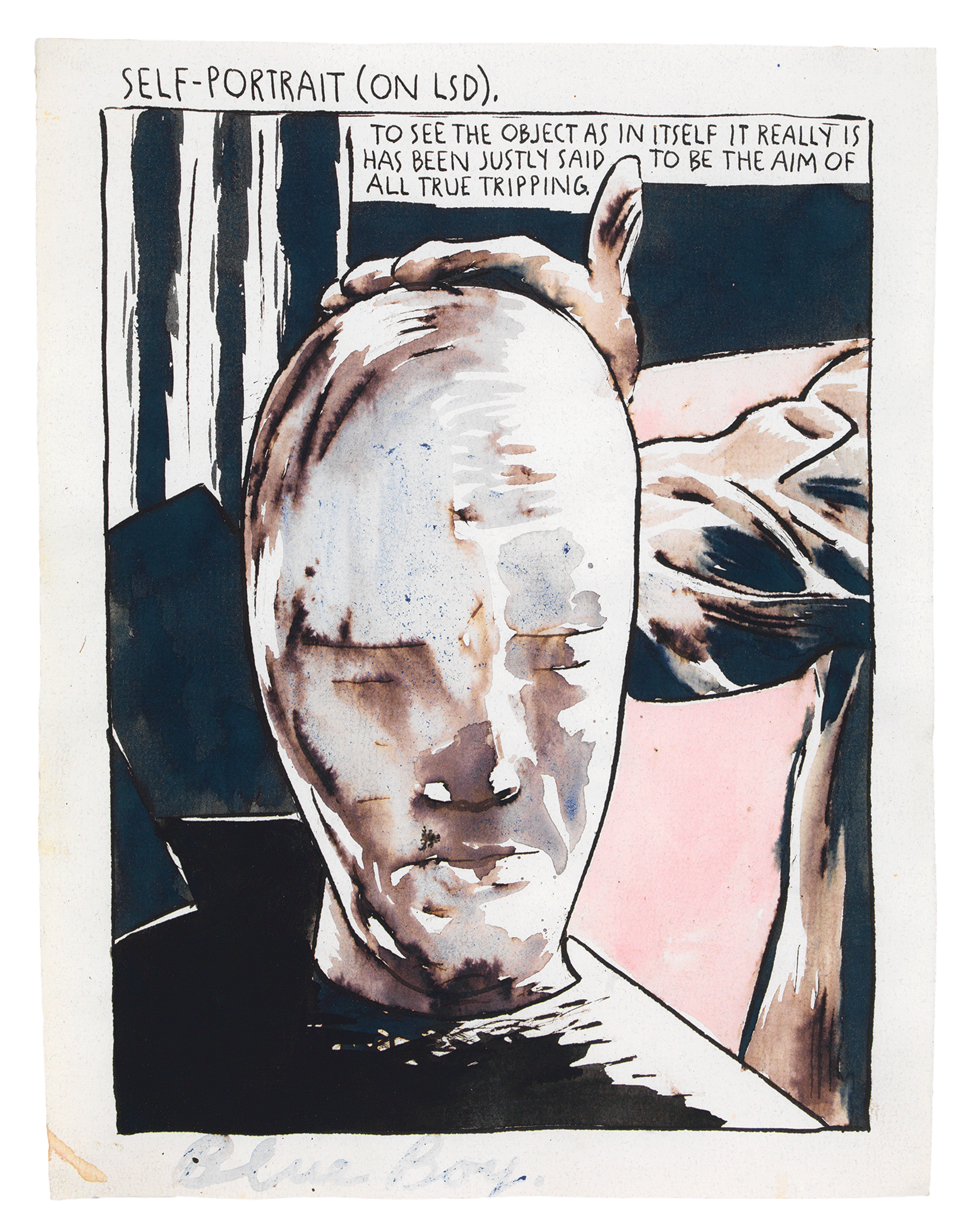 A drawing by Raymond Pettibon titled No Title (Self-portrait (on...)), dated 1990.