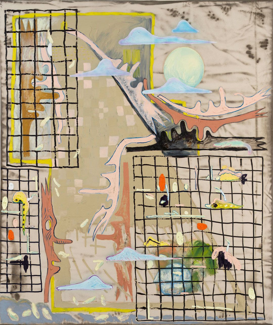 A detail of a painting by Florian Meisenberg titled Uptown Ikebana (how to fold your soul into a camel, which looks like swan), dated 2020.