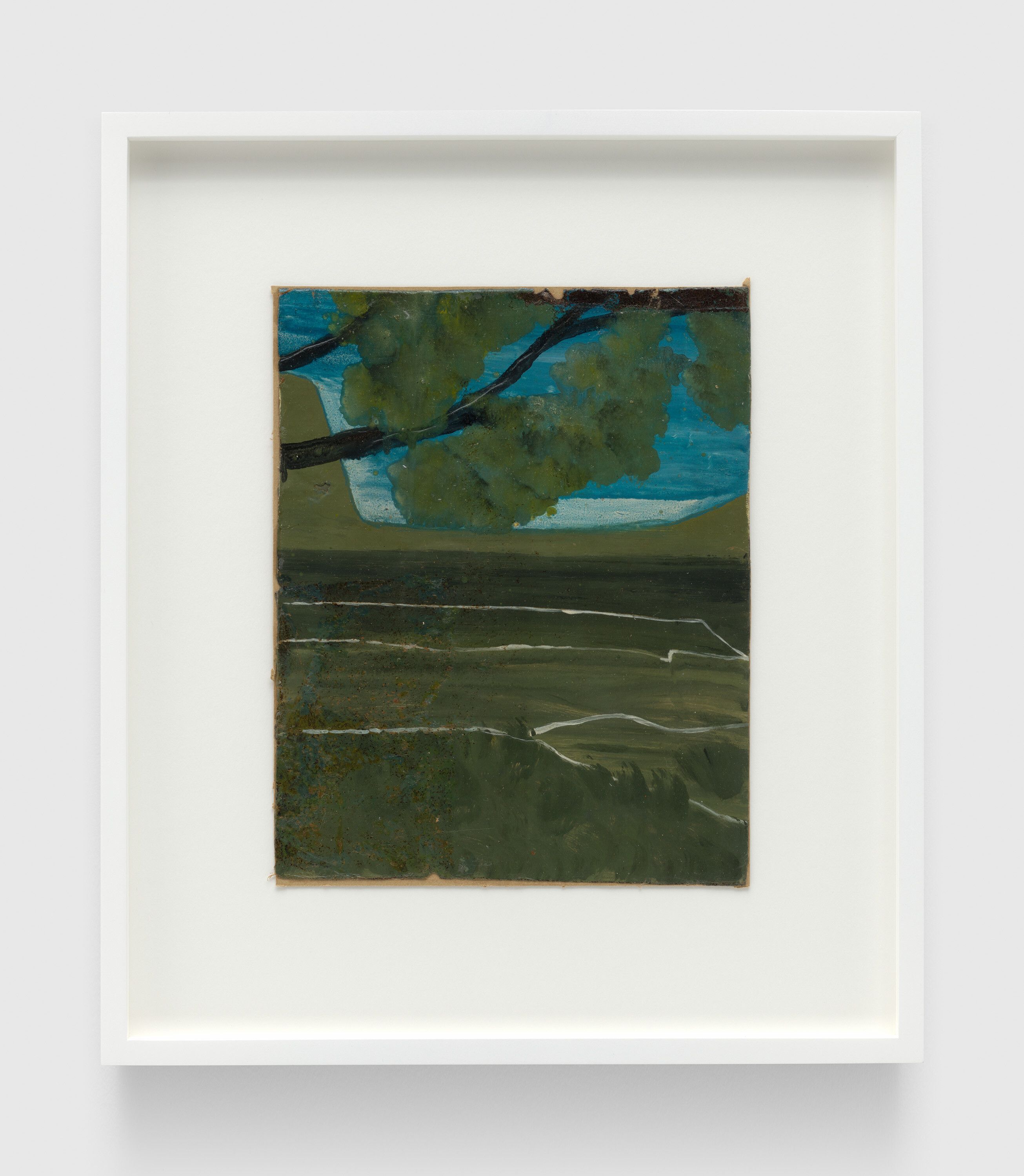A painting by Frank Walter, called Untitled (Black Branches Extending over a Green Flat Plain with White Canals), n.d.