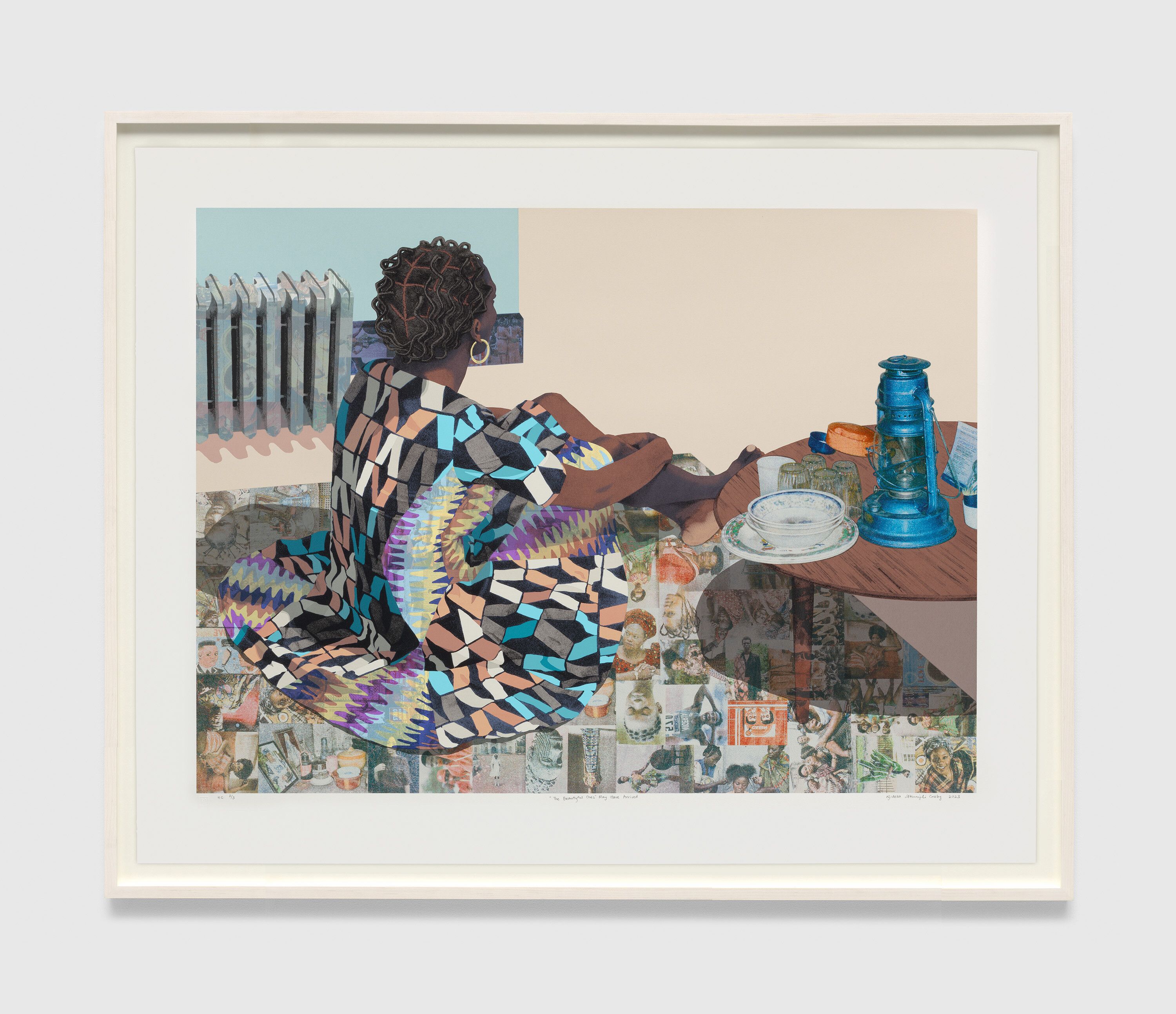 A print by Njideka Akunyili Crosby, titled "The Beautyful Ones" May Have Arrived, dated 2023.