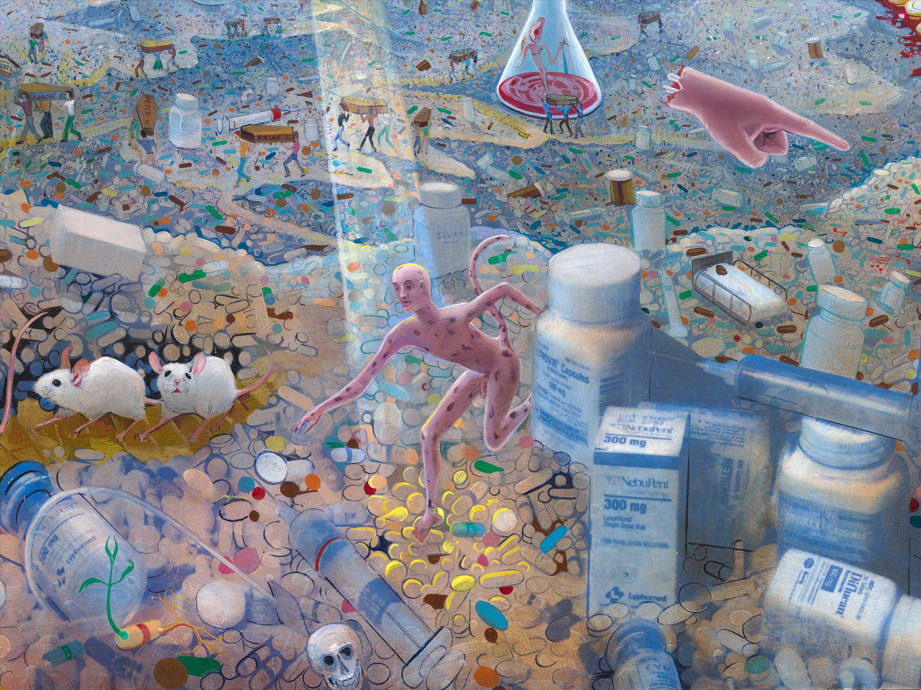A detail with pill bottles from the work Wizard made by Frank Moore, dated 1994