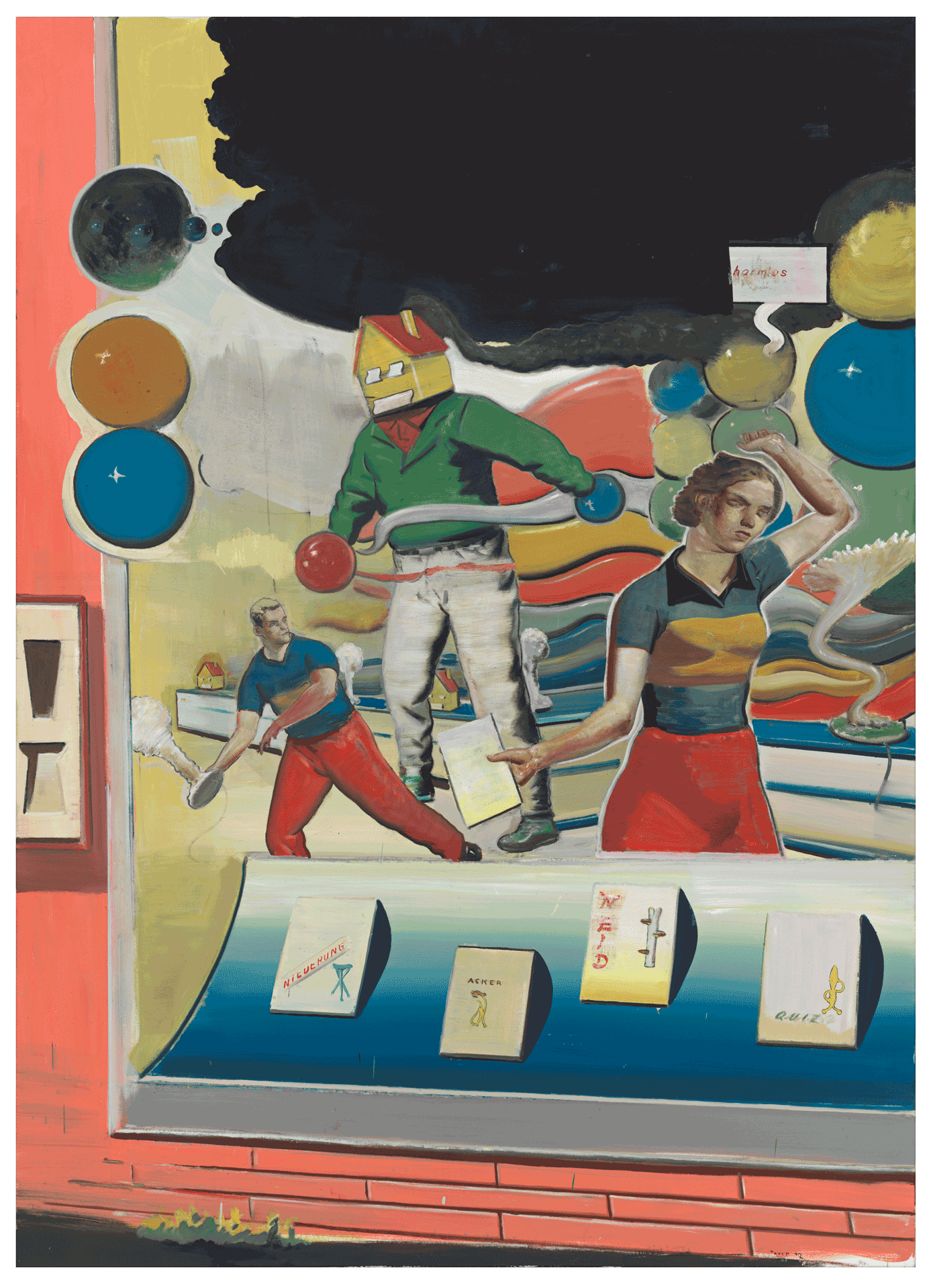 A painting by Neo Rauch, titled Harmlos, dated 2002.