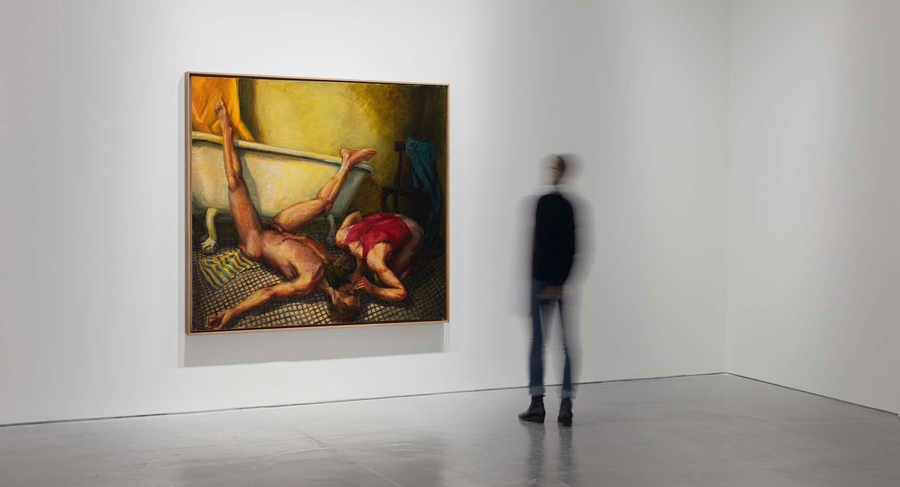 An installation view of an exhibition titled, High Steers: Blue Towel, Red Tank, at David Zwirner, Paris, in 2021.