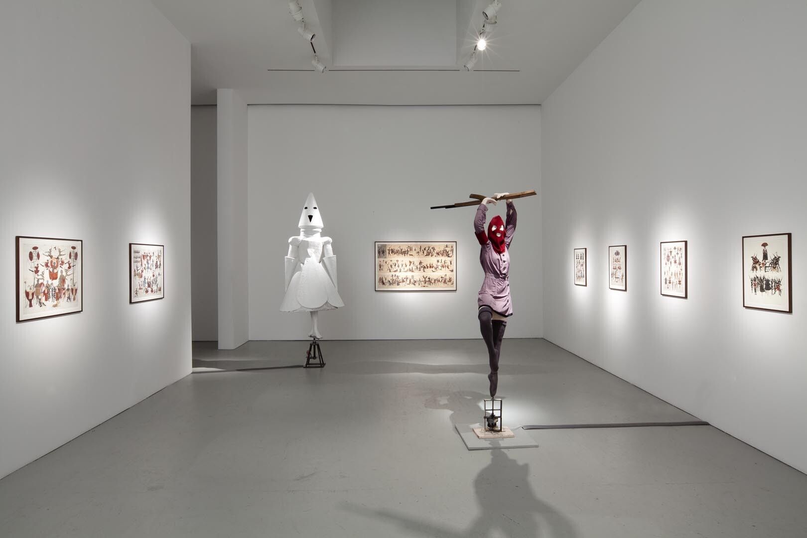 Installation view of the exhibition Marcel Dzama: Behind Every Curtain, at David Zwirner in New York, dated 2011. 