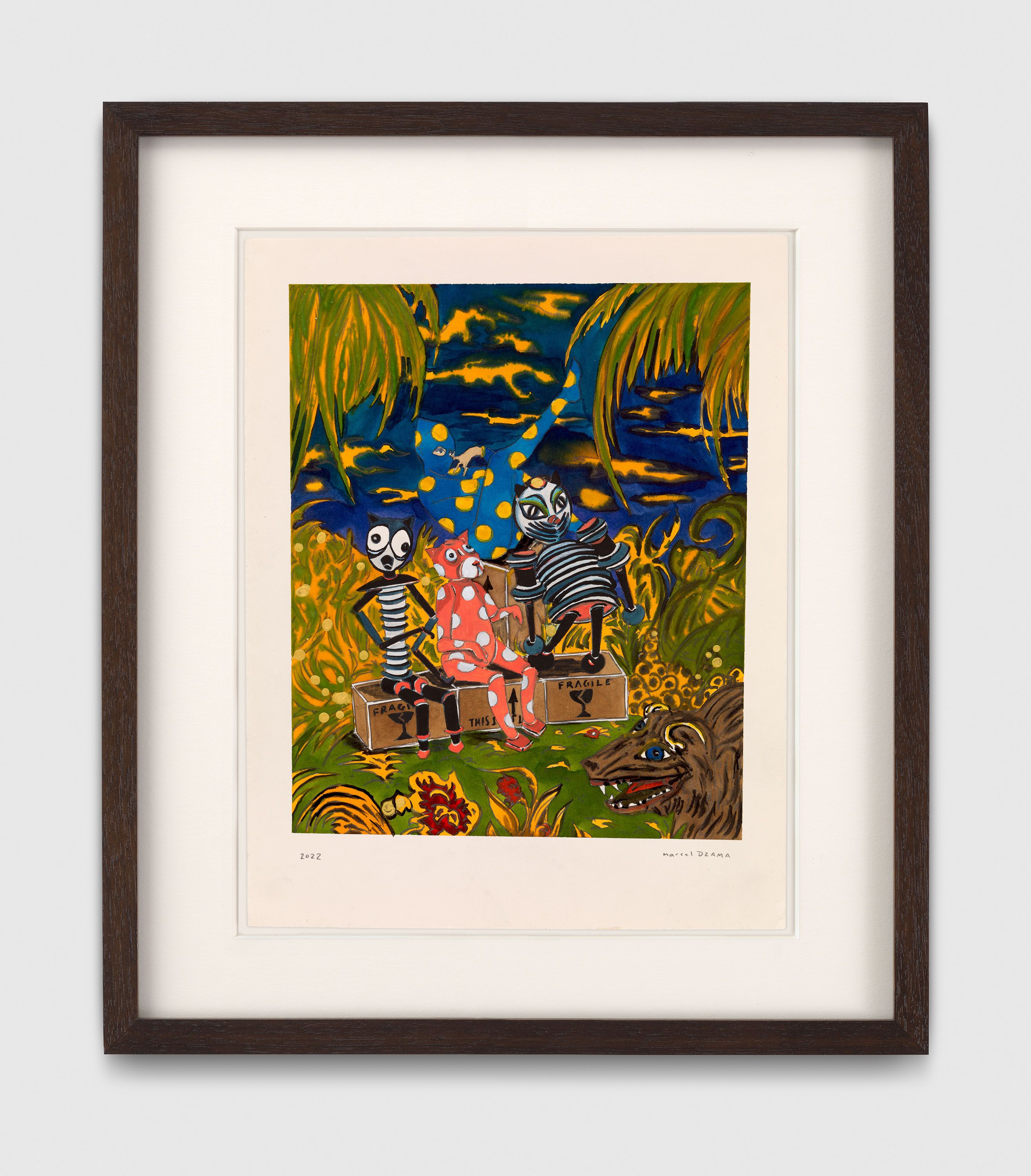 A work on paper by Marcel Dzama, titled Fabula y rueda de los tres amigos (or Fable and round of the three friends), dated 2022.