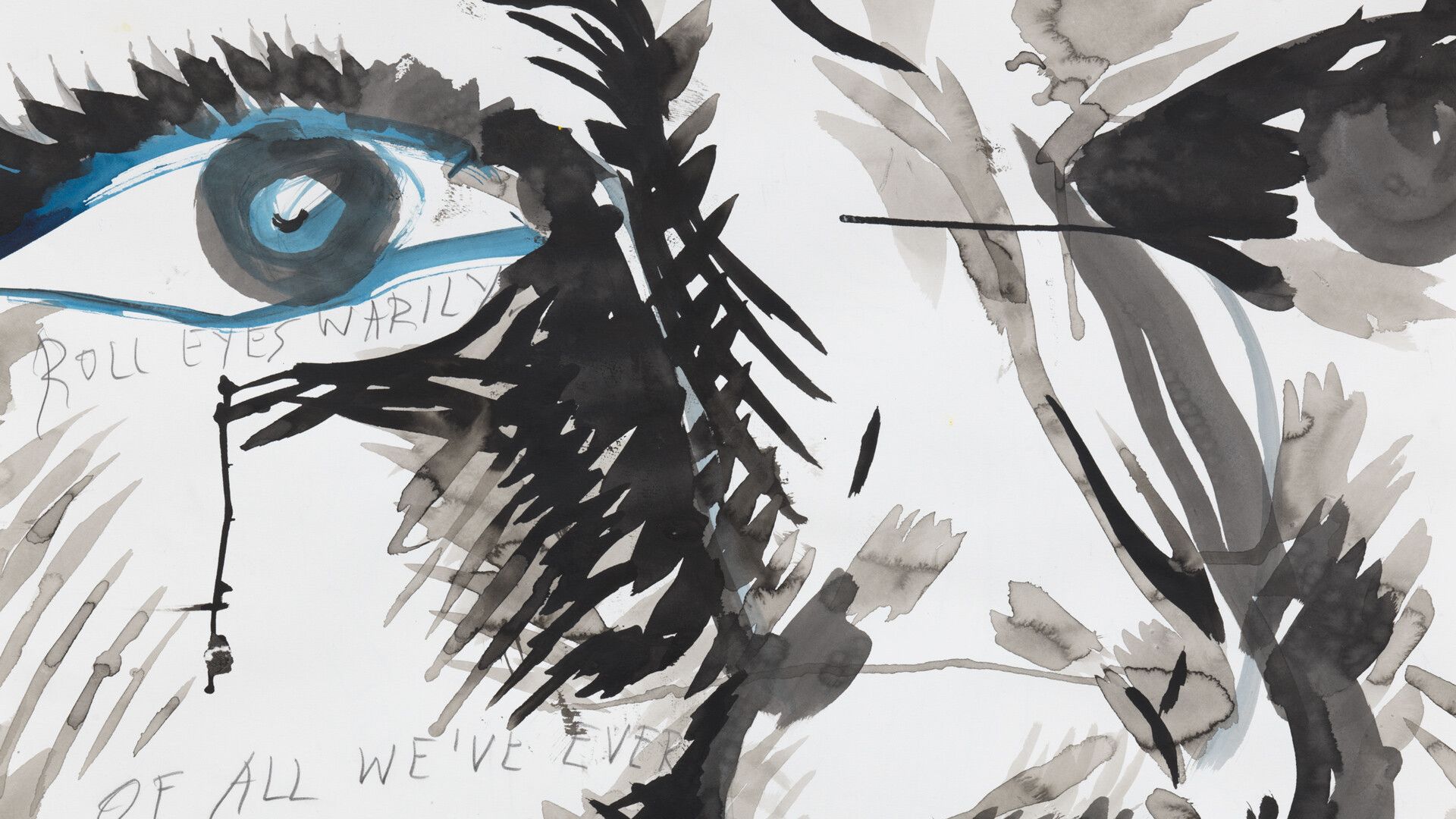 A detail of an ink, colored pencil, and graphite drawing on paper by Raymond Pettibon, titled No Title (Roll eyes warily...), dated 2019.