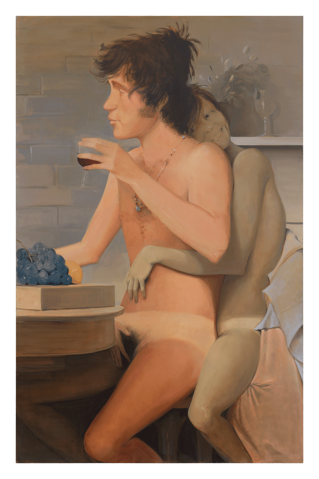 A painting by Lisa Yuskavage, titled Wine and Cheese, dated 2017.