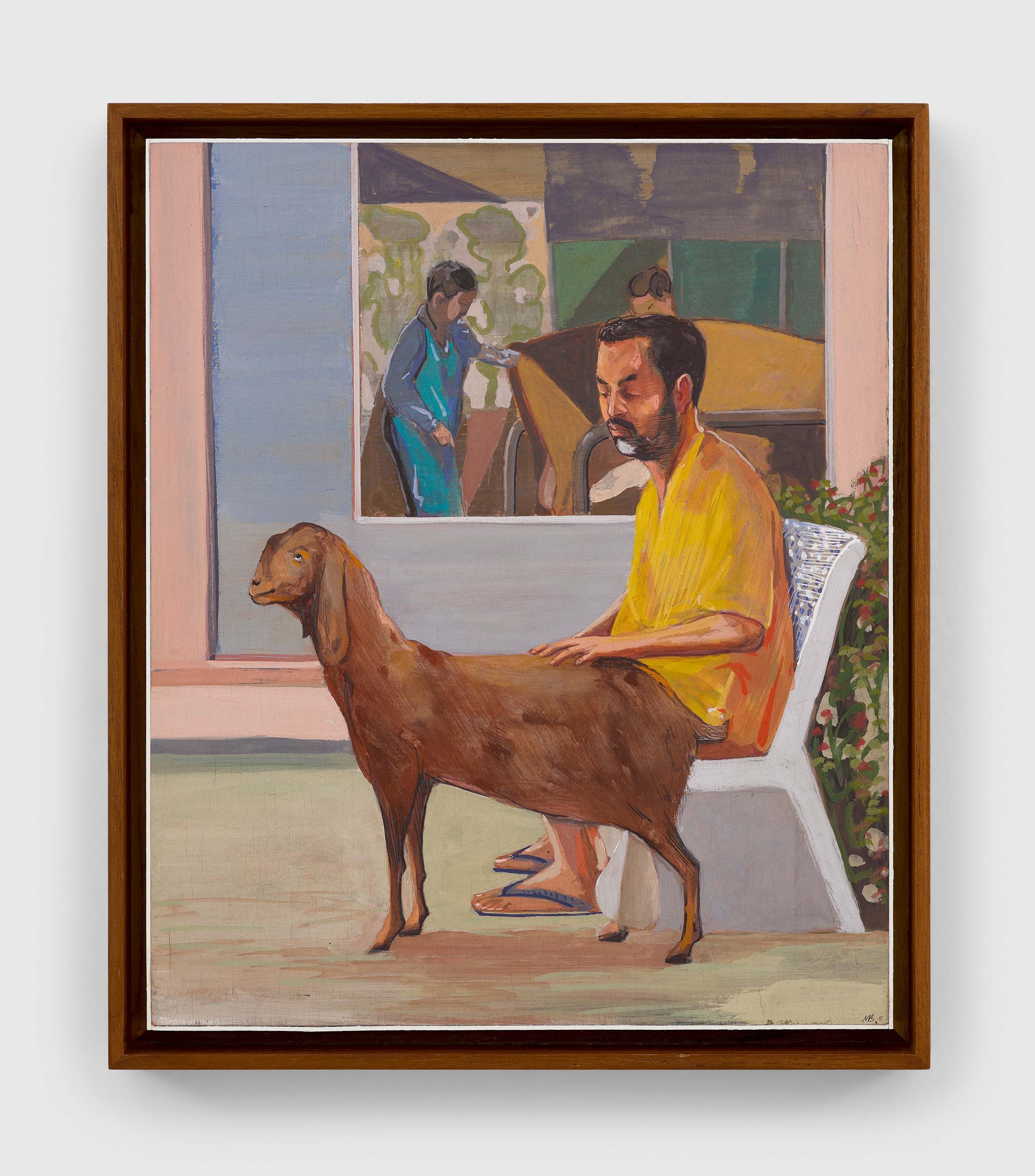 A casein on board painting by Mahesh Baliga, titled Friend with swollen testicles, dated 2022.