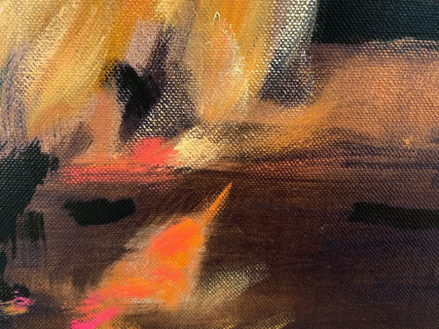 A detail of an oil painting on linen by Lisa Yuskavage, titled Hearth, dated 2020.