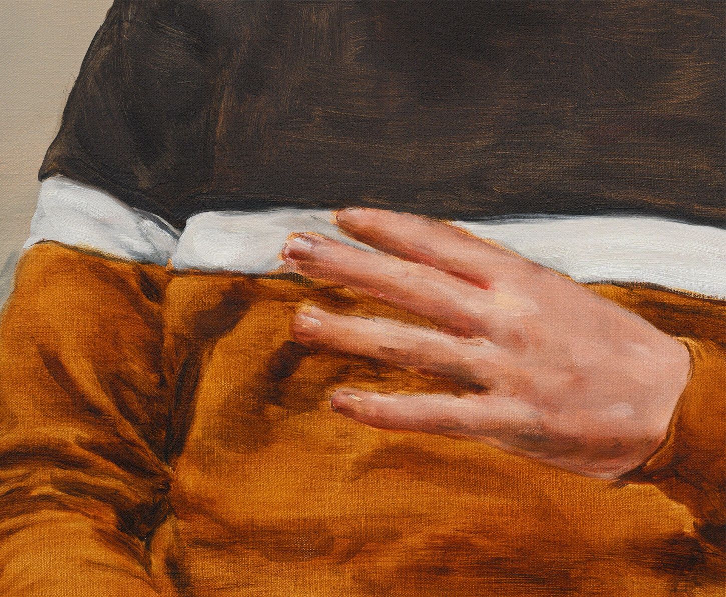 A detail of a painting by Michaël Borremans  titled The Witch, dated 2021