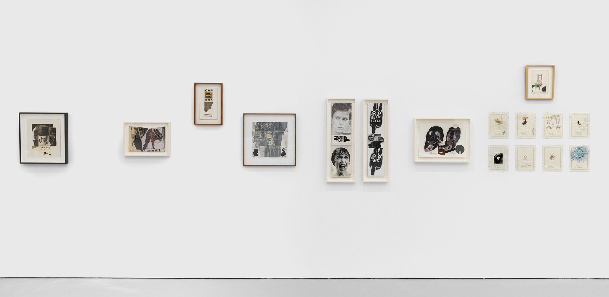 An installation view of an exhibition titled Ray Johnson: WHAT A DUMP at David Zwirner, New York, in 2021.
