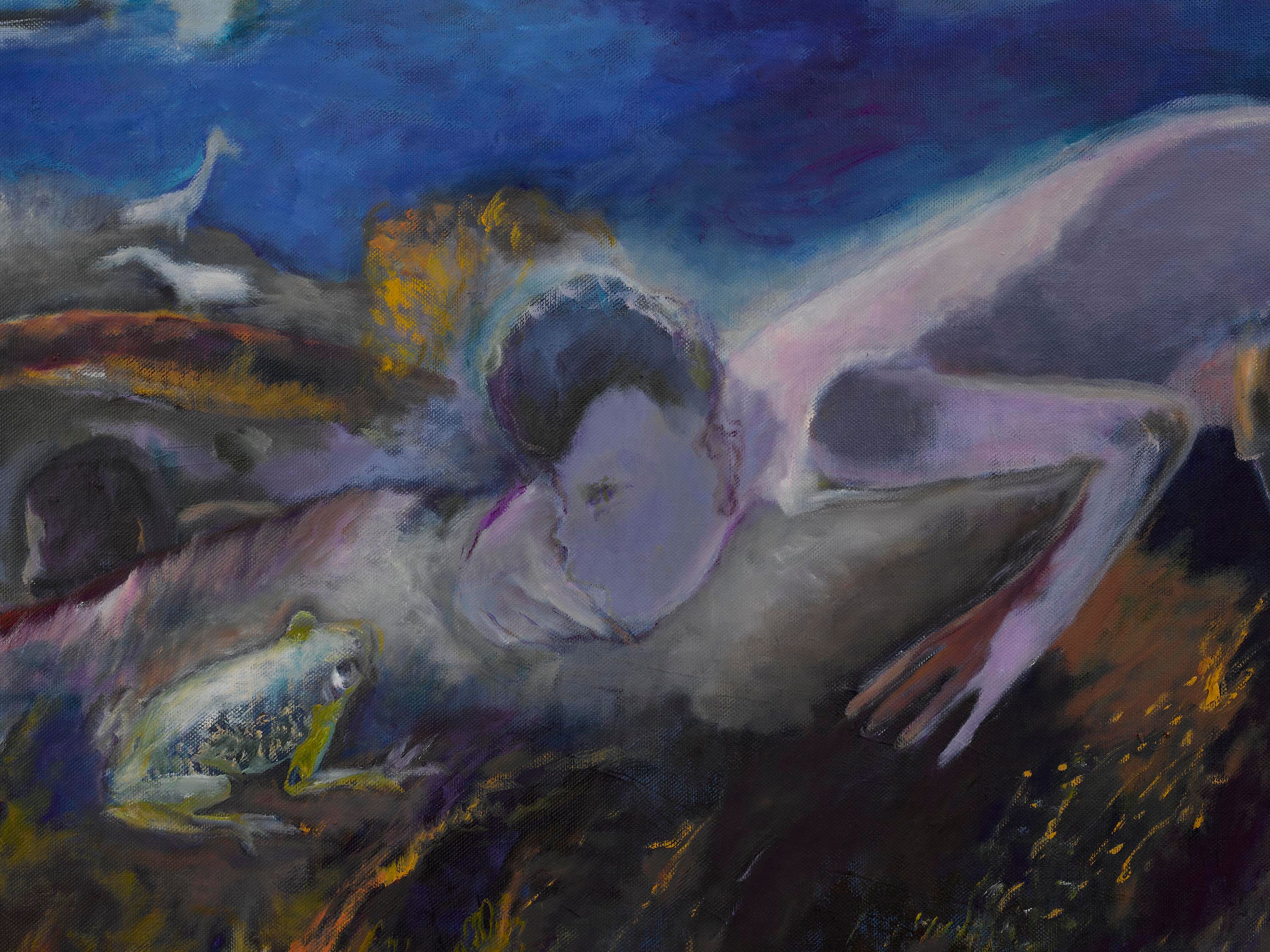 A detail from a painting by Sosa Joseph, titled Devil’s hour, by the river, dated 2025.