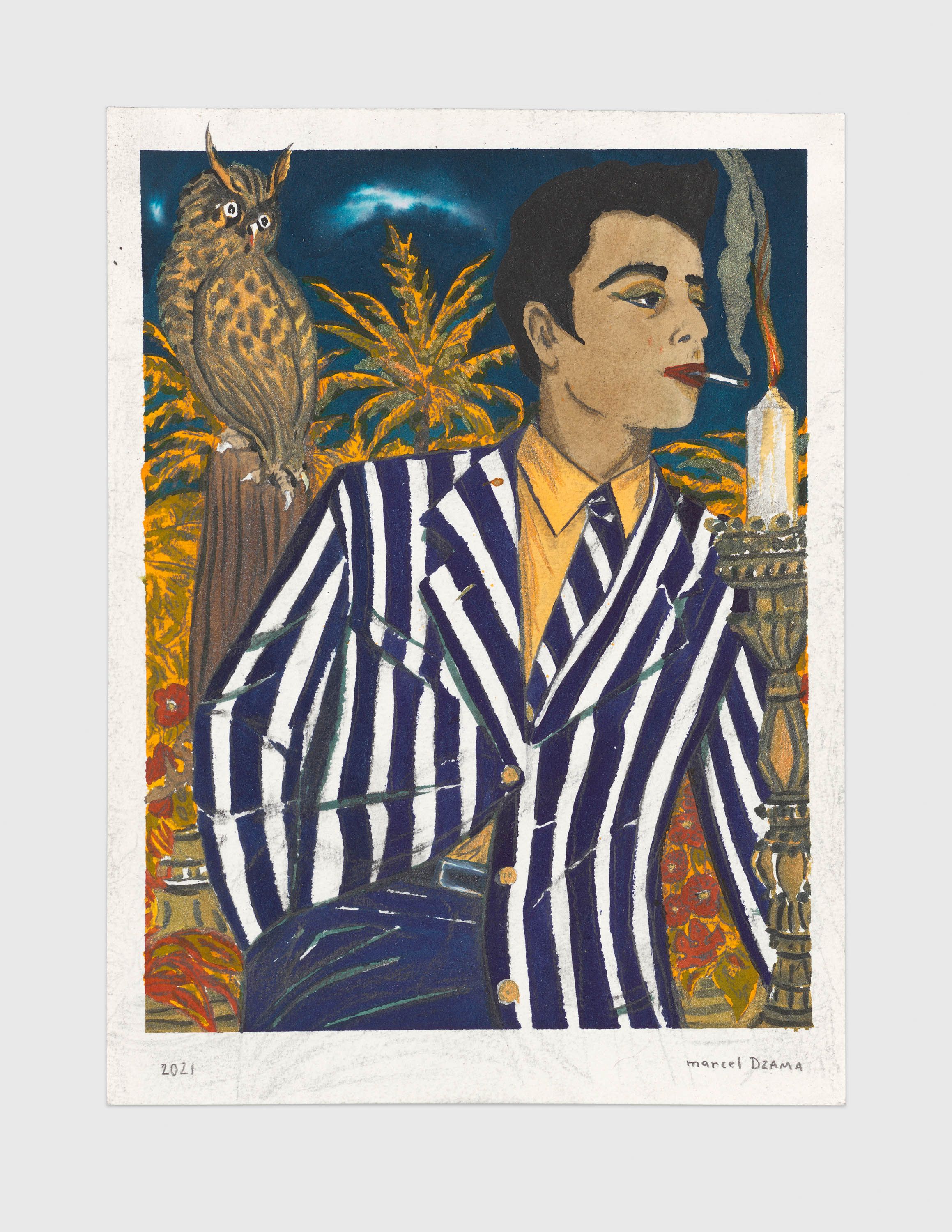 A mixed media artwork by Marcel Dzama, titled Well, he is pretty to look at (or The purple evening afternoon), dated 2021.