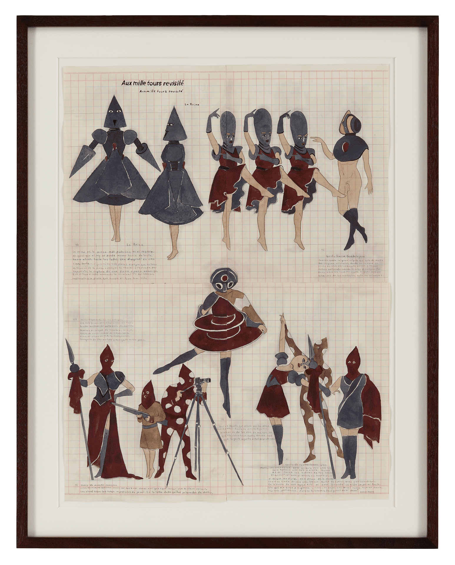 A mixed media work on paper by Marcel Dzama, titled Though none of us is crying) or (Aunque ninguno de los tres est√° llorando), dated 2010.