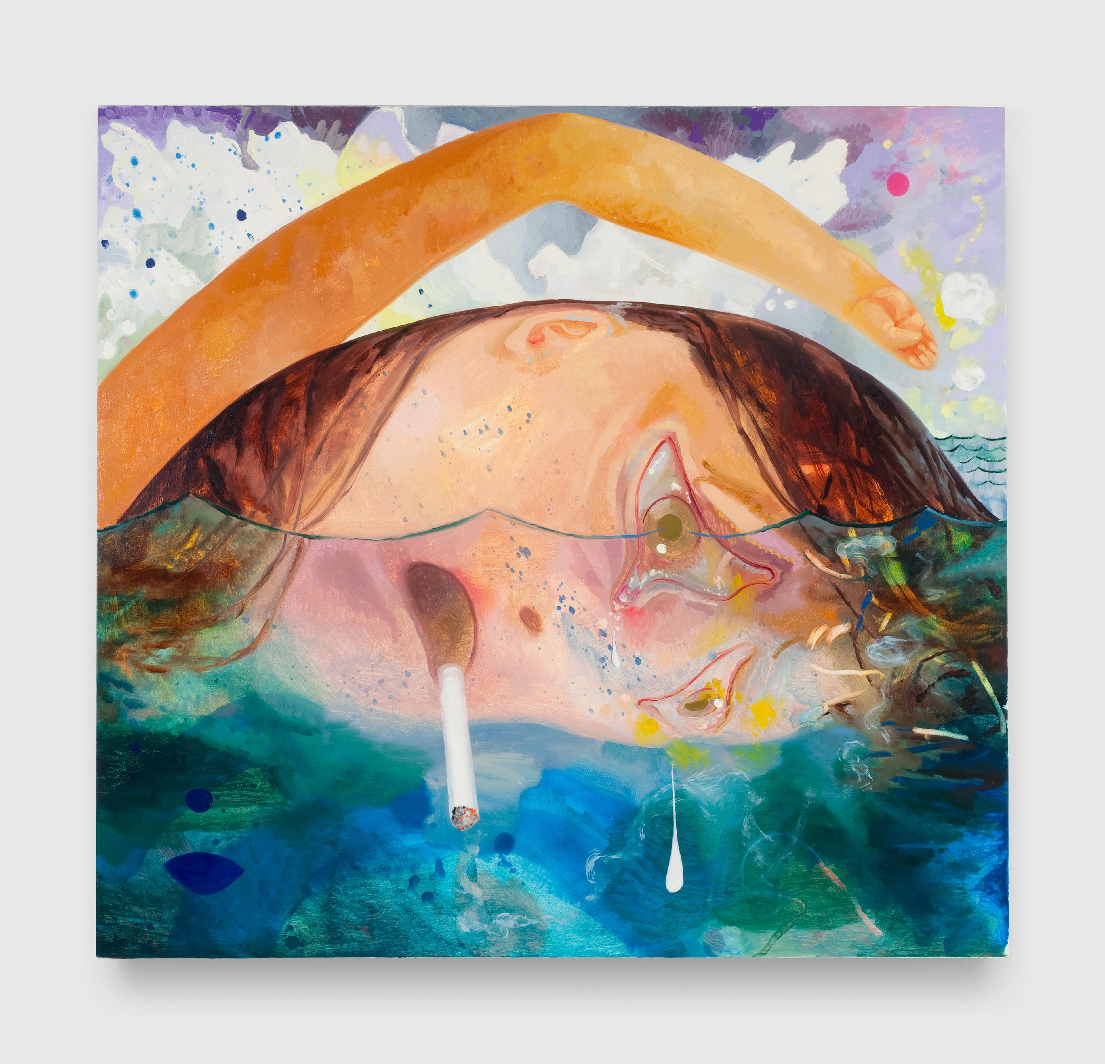 A painting by Dana Schutz, titled Swimming Smoking Crying, dated 2009.