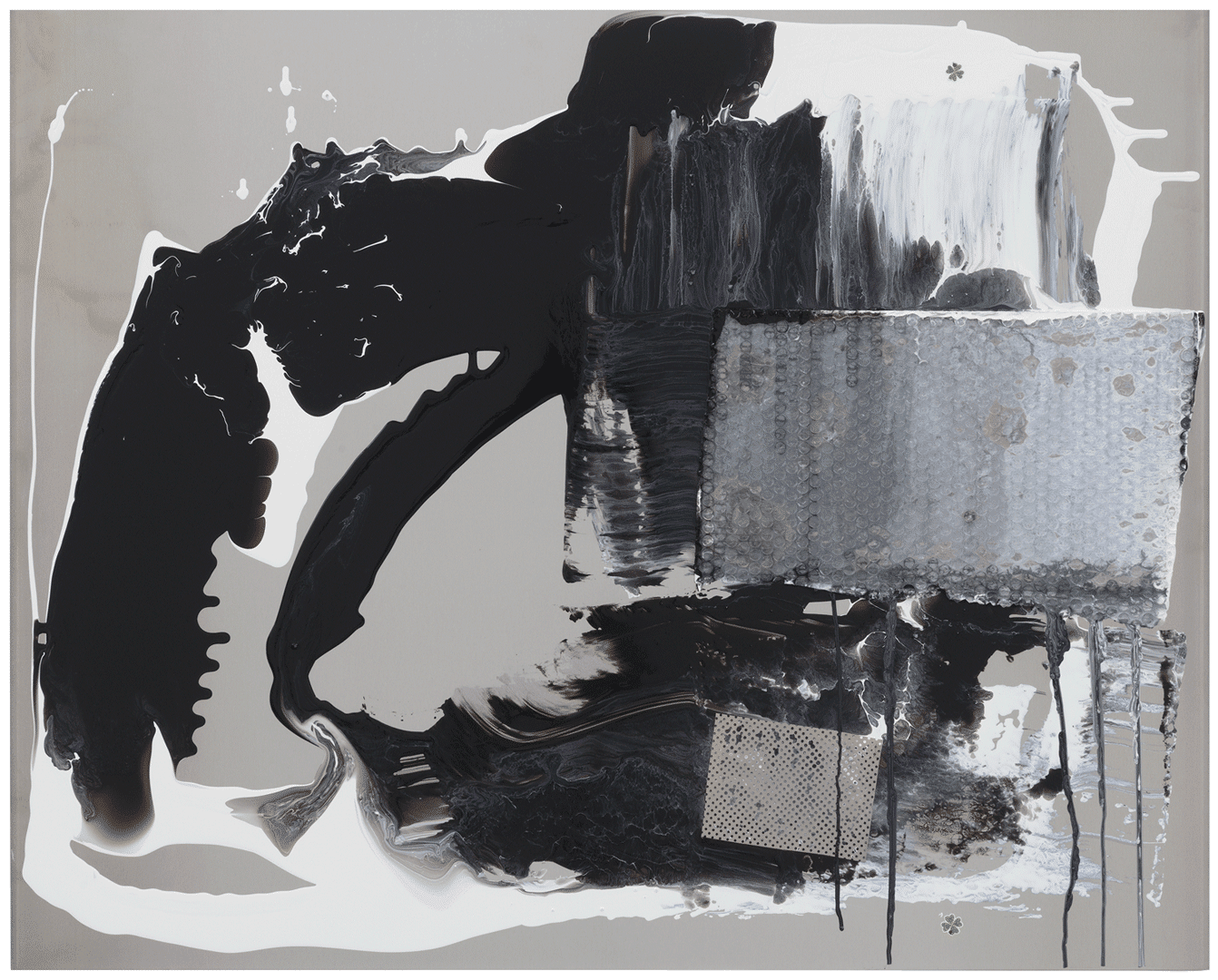 An untitled lacquer paint, bubble wrap, sticker, and metal grill on aluminium panel work by Isa Genzken, dated 2018.