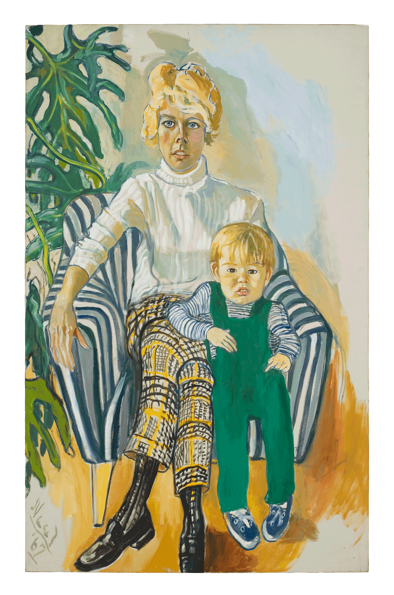 A painting by Alice Neel, titled Mrs. Paul Gardner and Sam, dated 1967. 