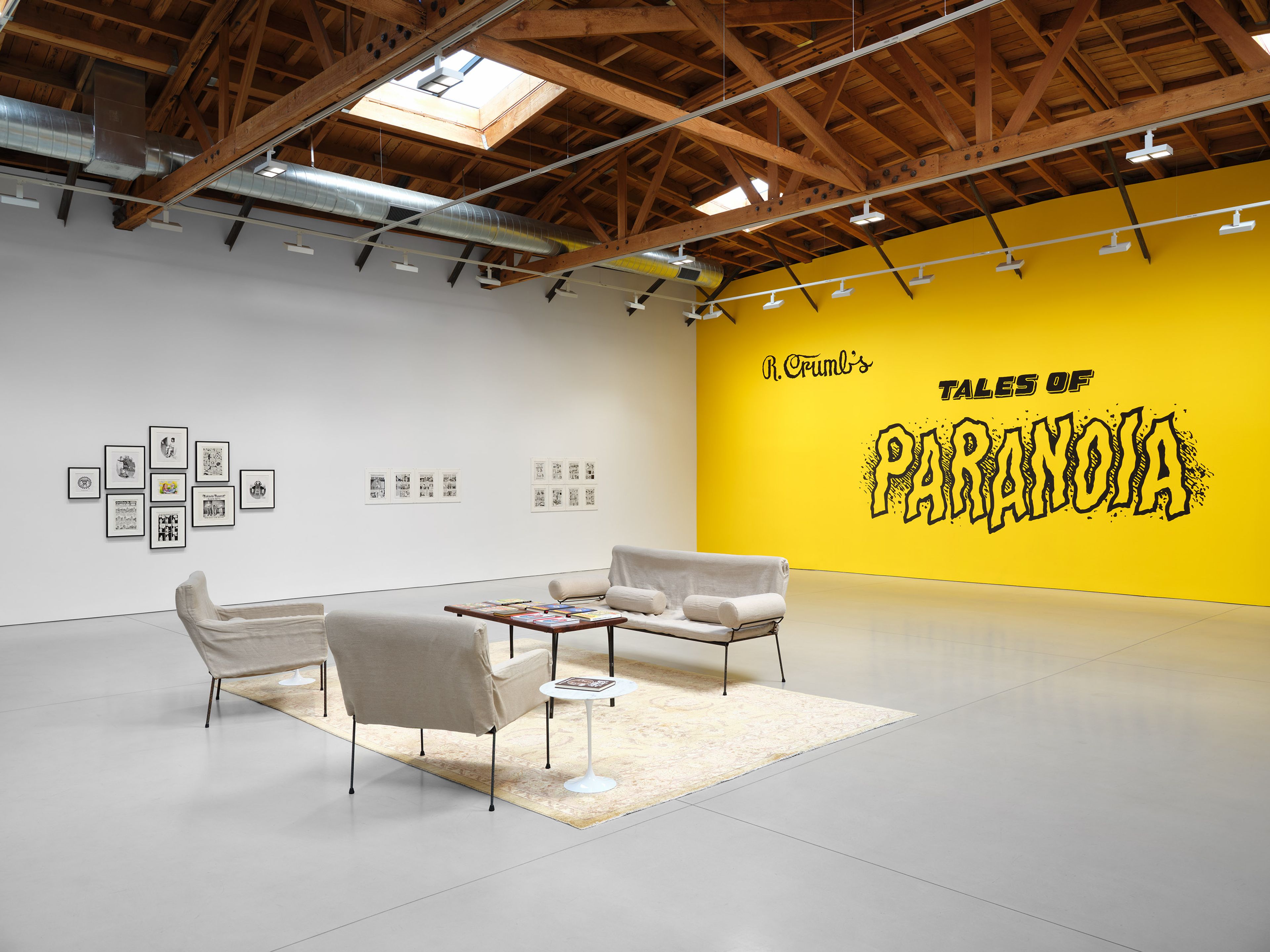 An installation view of the exhibition, R. Crumb: Tales of Paranoia, at David Zwirner in Los Angeles, dated 2025.