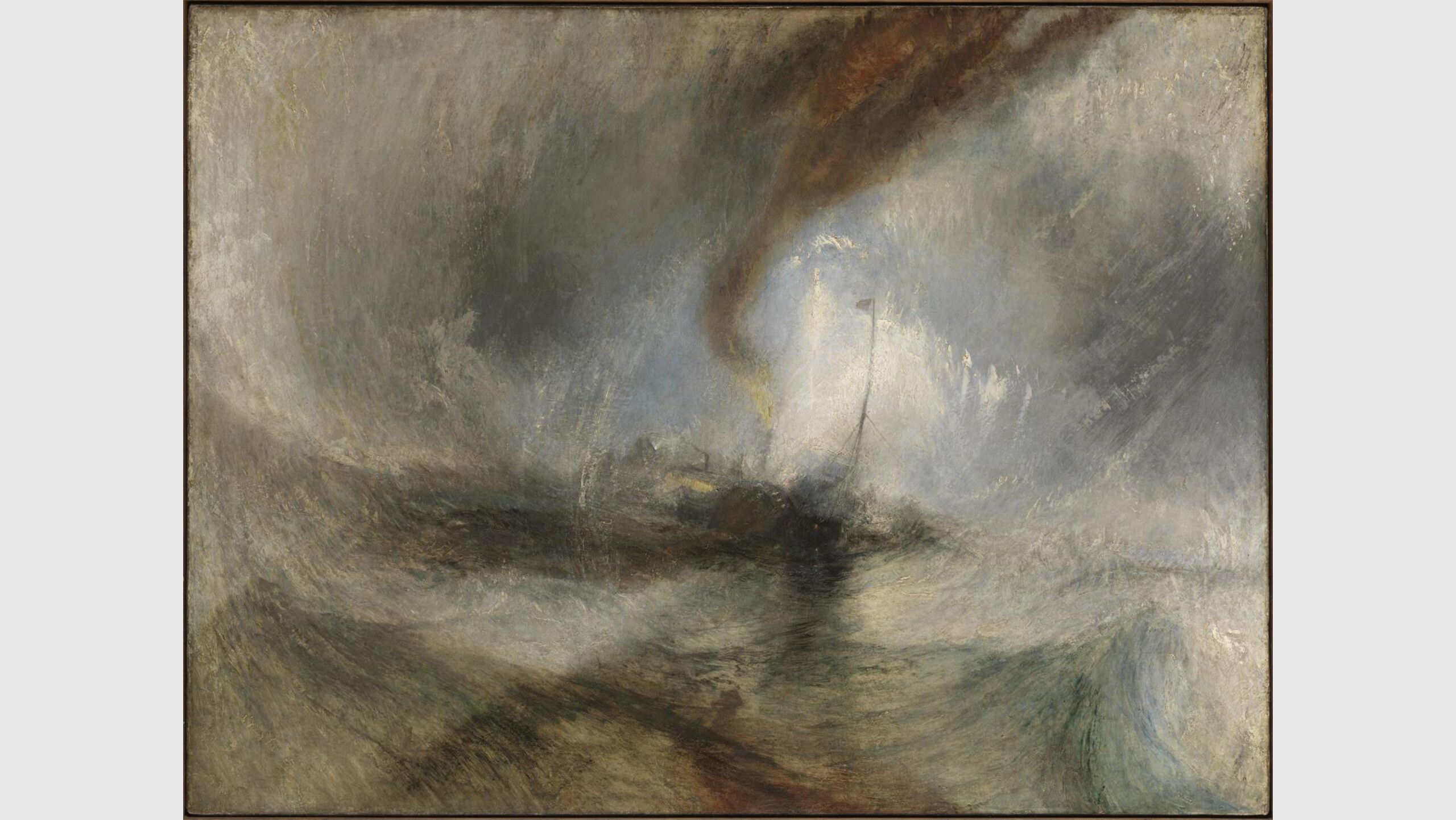 An artwork by J.M.W. Turner, titled Snow Storm—Steam-Boat off a Harbour’s Mouth Making Signals in Shallow Water, and Going by the Lead.