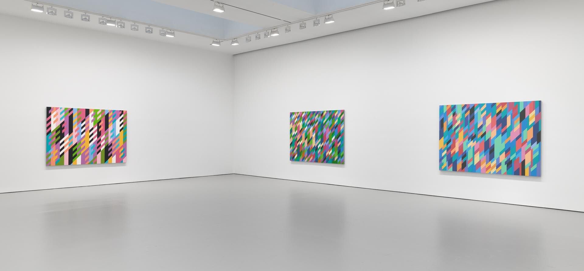 Installation view of the exhibition Bridget Riley at David Zwirner in New York, dated 2015.