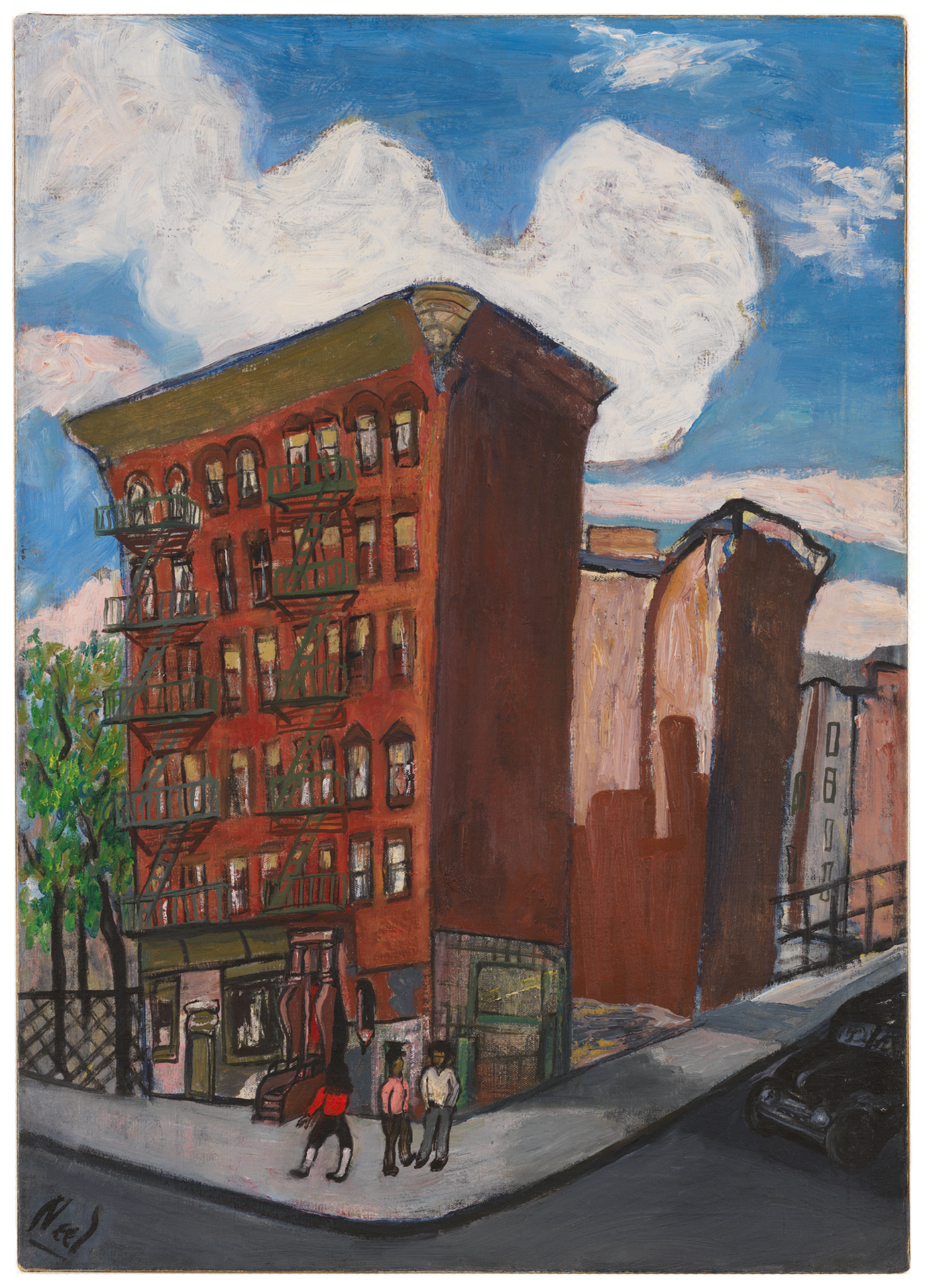 A painting by Alice Neel, titled Building in Harlem, dated circa 1945.