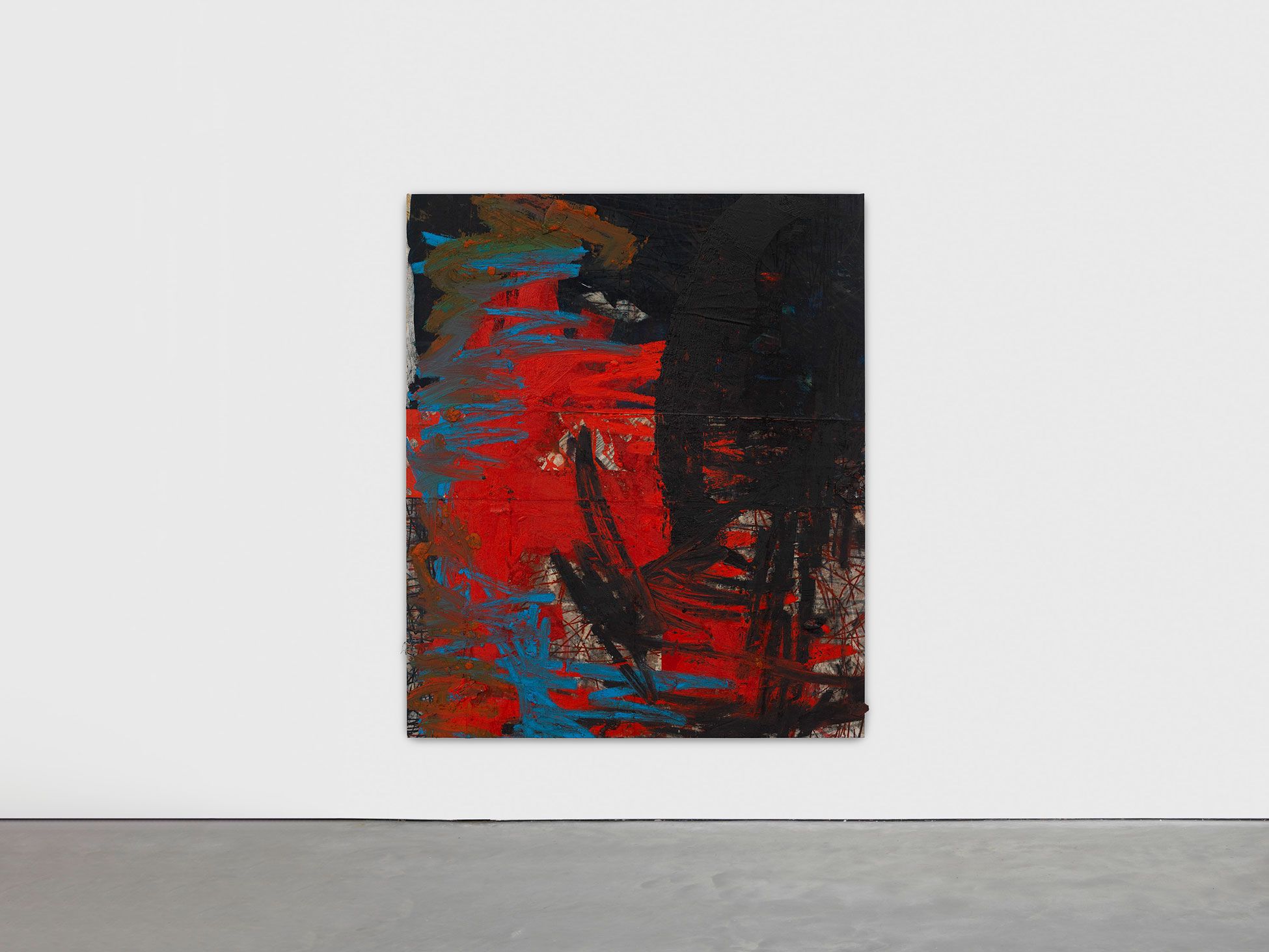 An installation view of a painting by Oscar Murillo titled manifestation, dated 2019-2020.