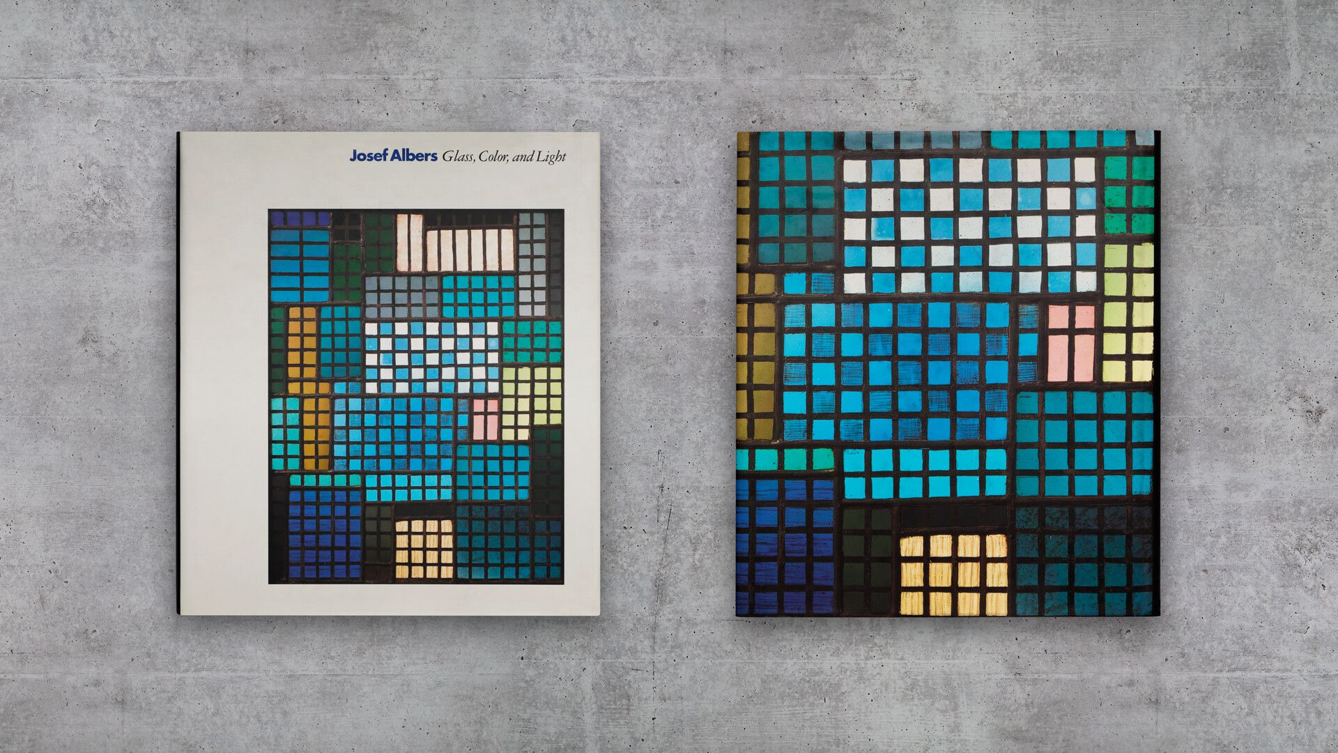 Photos of the front and back covers of a book titled Josef Albers: Glass, Color, Light from Guggenheim Museum Publications, dated 1994.