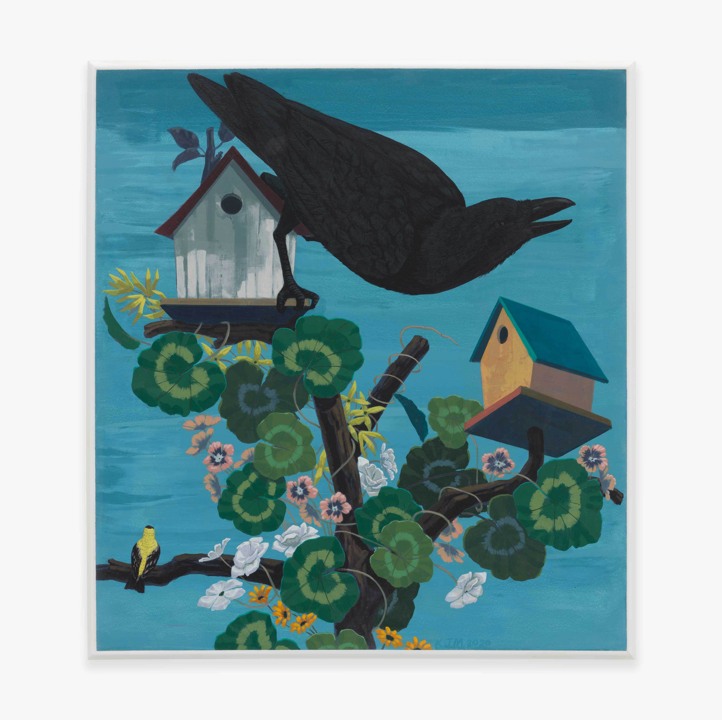 A painting by Kerry James Marshall, titled Black and part Black Birds in America: (Crow, Goldfinch), dated 2020.