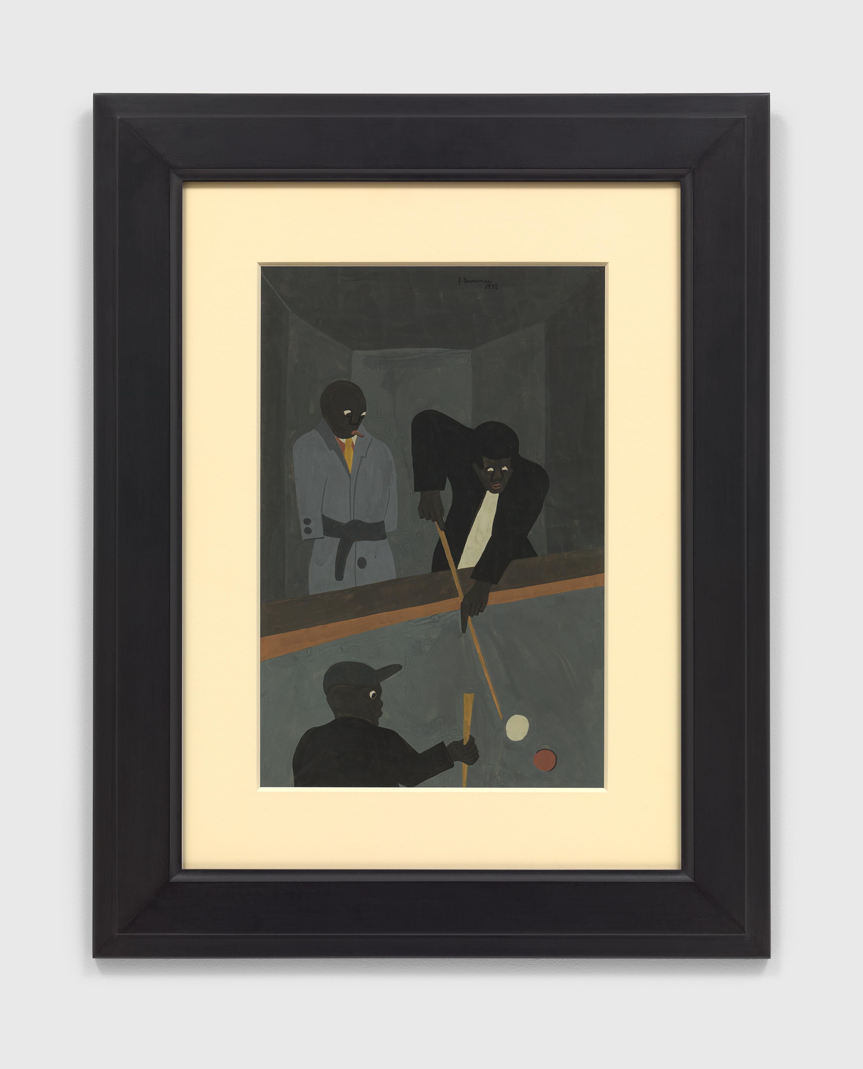 A work on paper by Jacob Lawrence, titled Pool Players, dated 1938.