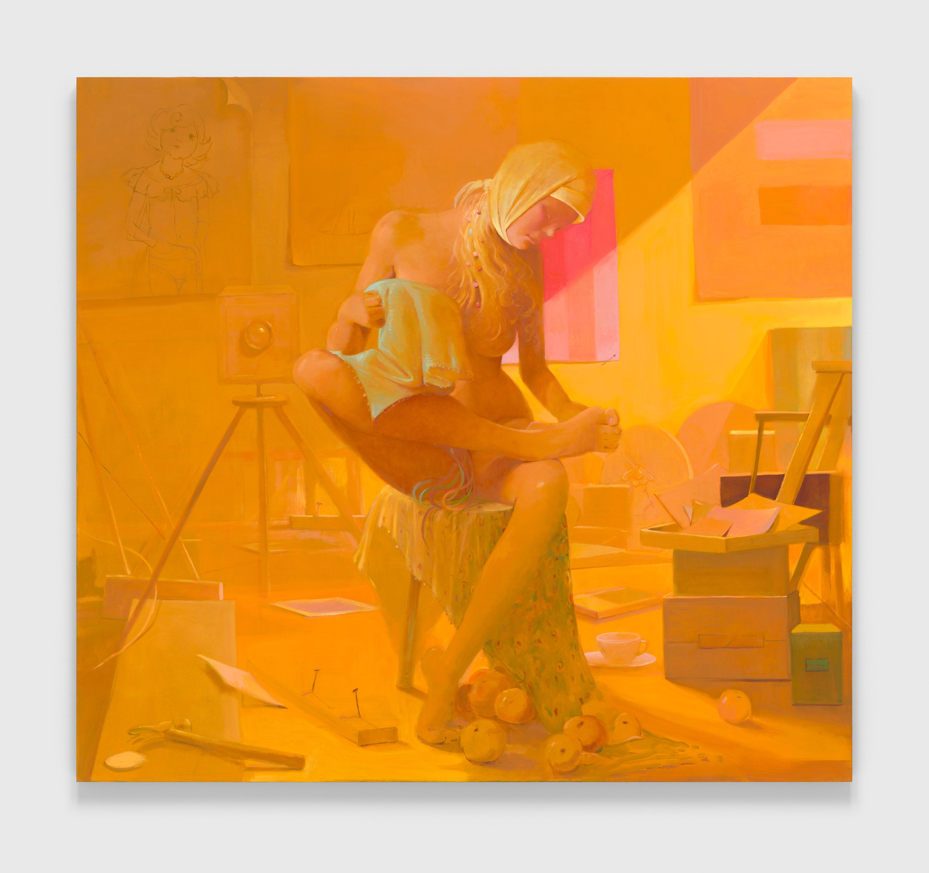 A painting by Lisa Yuskavage, titled Yellow Studio, dated 2021.