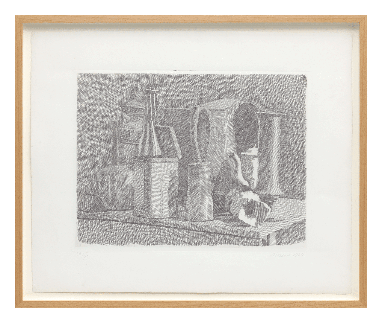 An etching on paper by Giorgio Morandi, titled Grande natura morta con la caffettiera (Large still life with coffee pot), dated 1934.