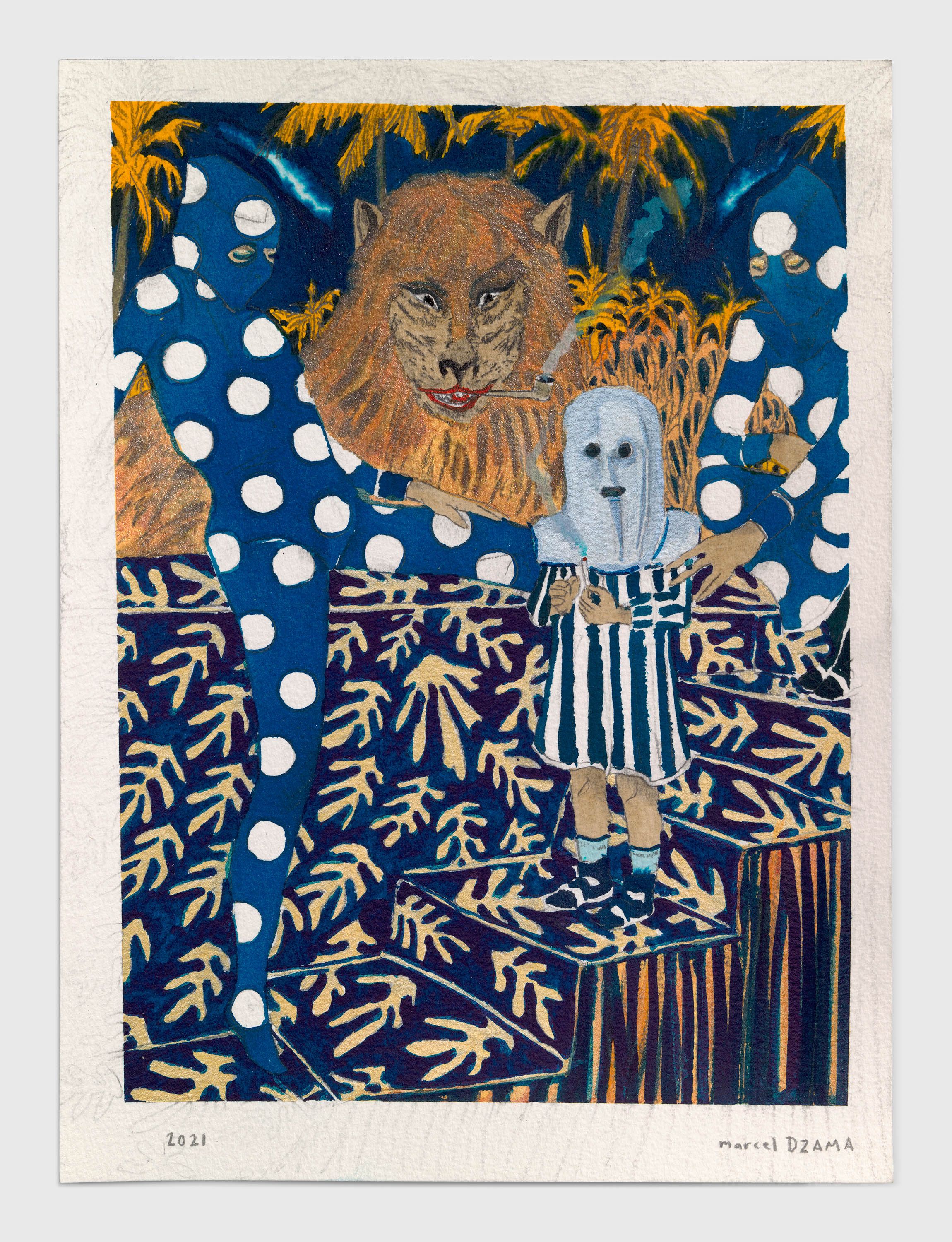 A mixed media artwork by Marcel Dzama, titled And there we were together again, dated 2021.