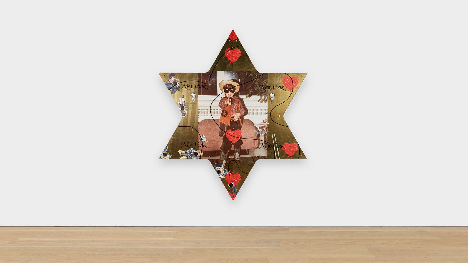 An untitled UV print on brass, acrylic, adhesive vinyl, and steel hardware sculpture by Jordan Wolfson, dated 2020.