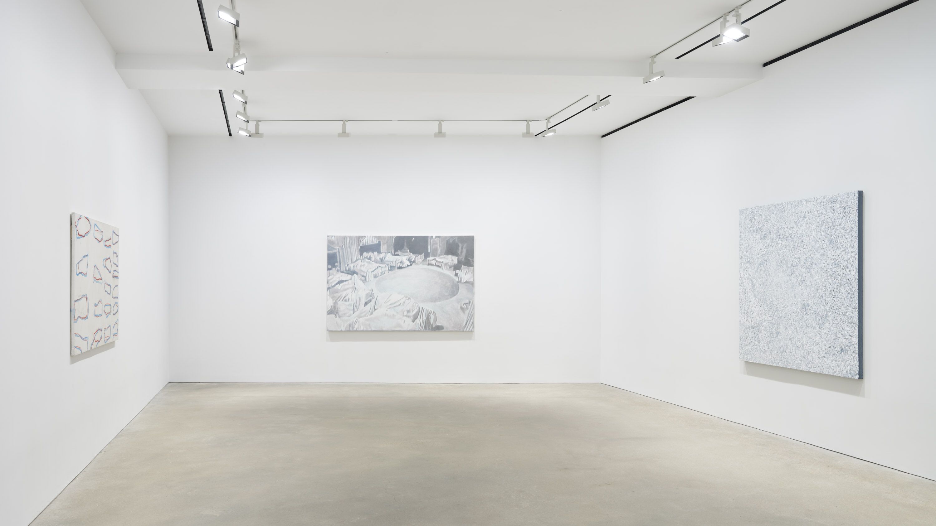 Installation view, Program, David Zwirner Hong Kong, featuring works, from left, by Raoul De Keyser, Luc Tuymans, and Yayoi Kusama